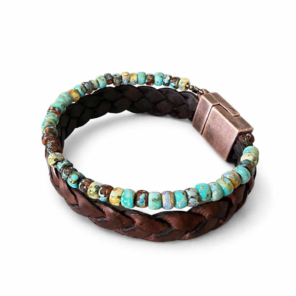 Handmade Leather & Turquoise Blue Bead Bracelet – Rustic Boho Style