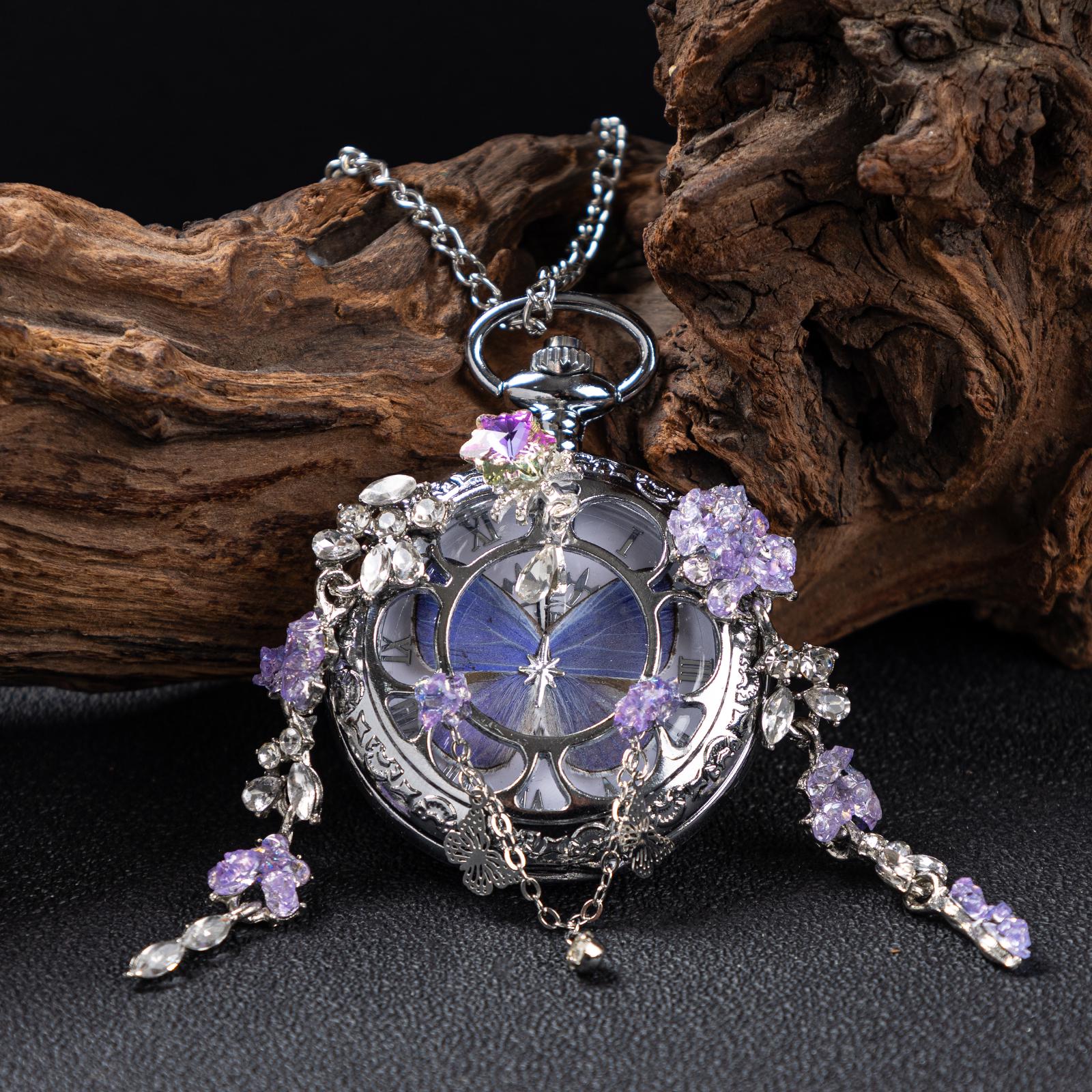 Oryeia Handmade Custom Winter Butterfly Pocket Watch Necklace Preserved Flower Pendant
