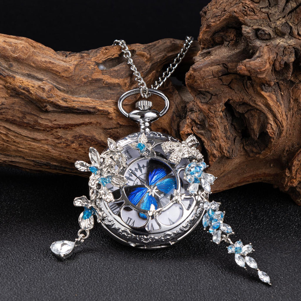 Oryeia Handmade Custom Winter Butterfly Pocket Watch Necklace Preserved Flower Pendant