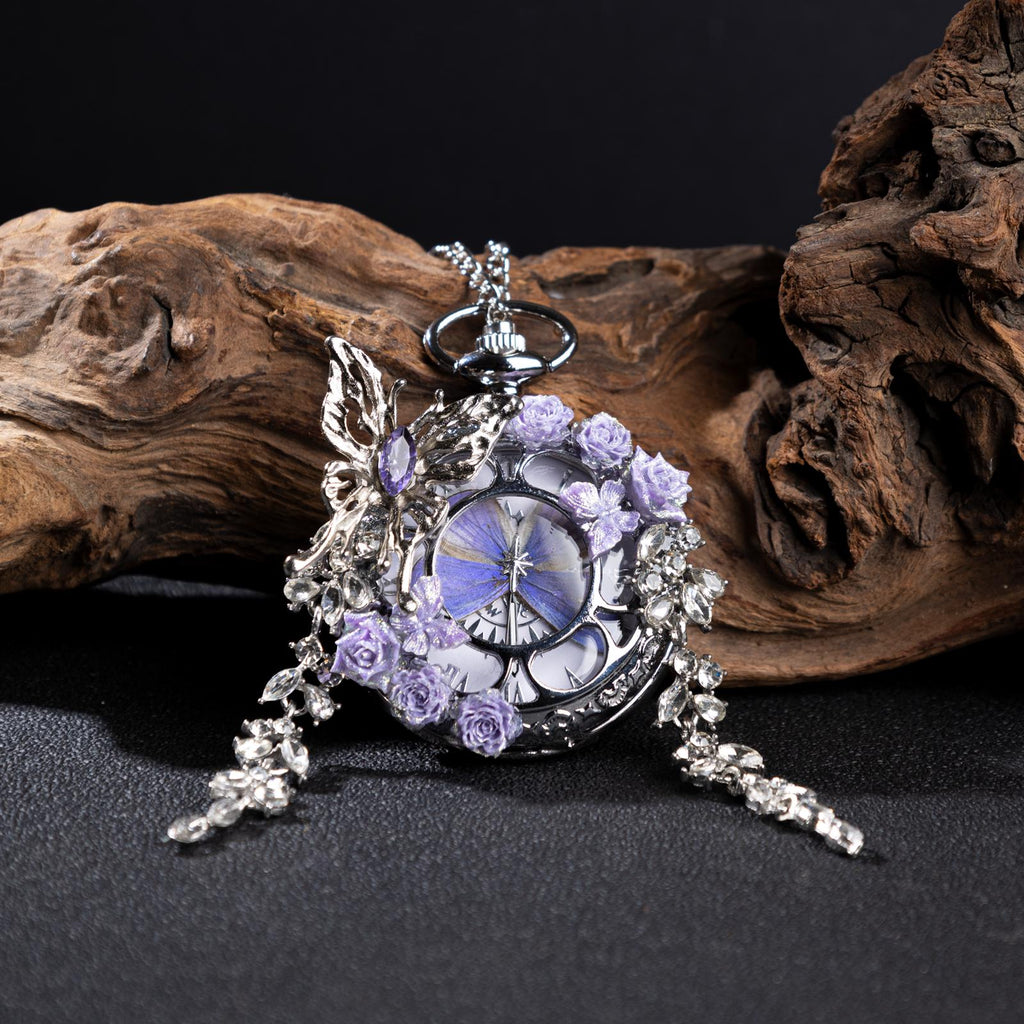 Oryeia Handmade Custom Winter Butterfly Pocket Watch Necklace Preserved Flower Pendant