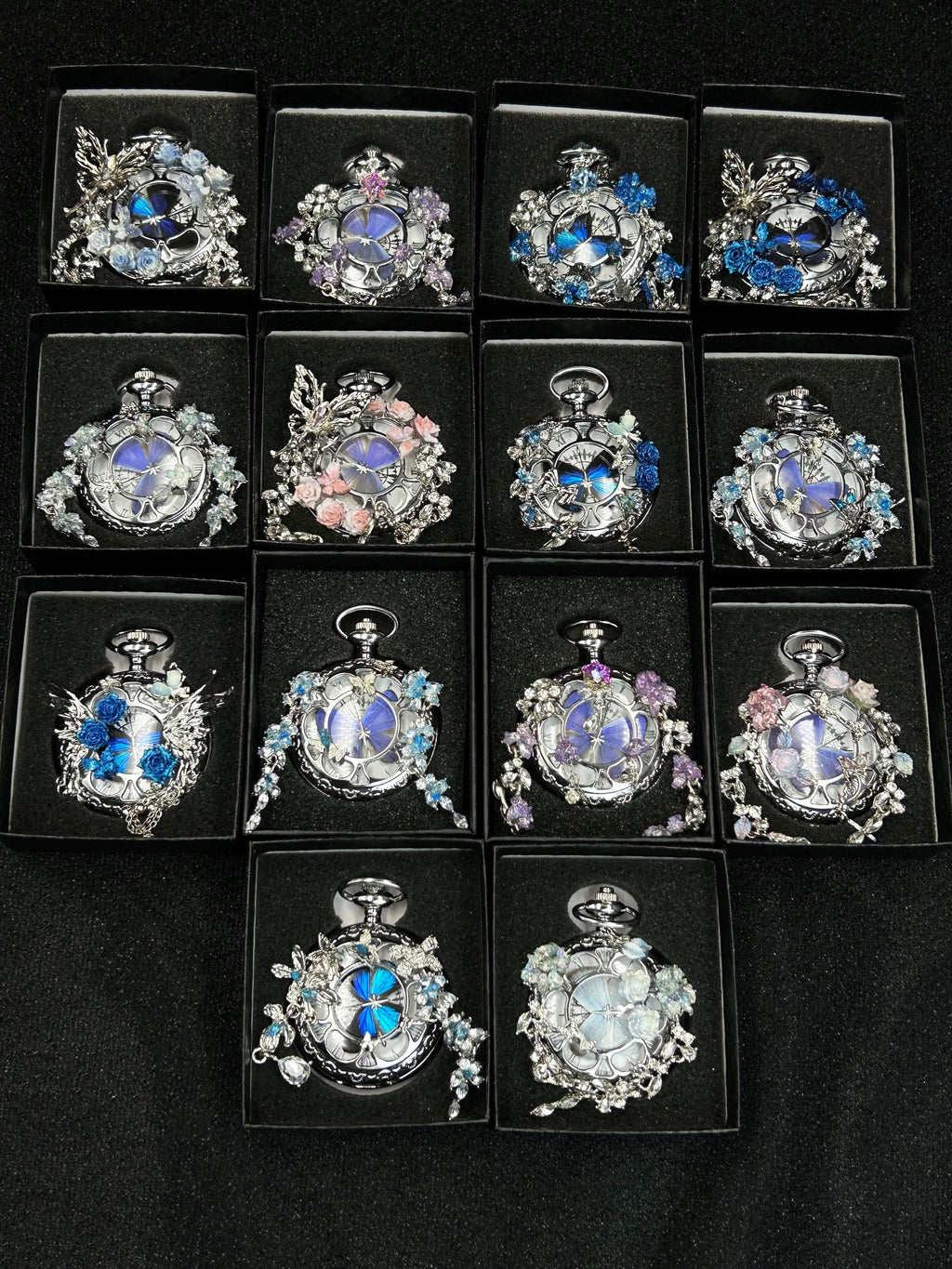 Oryeia Handmade Custom Winter Butterfly Pocket Watch Necklace Preserved Flower Pendant