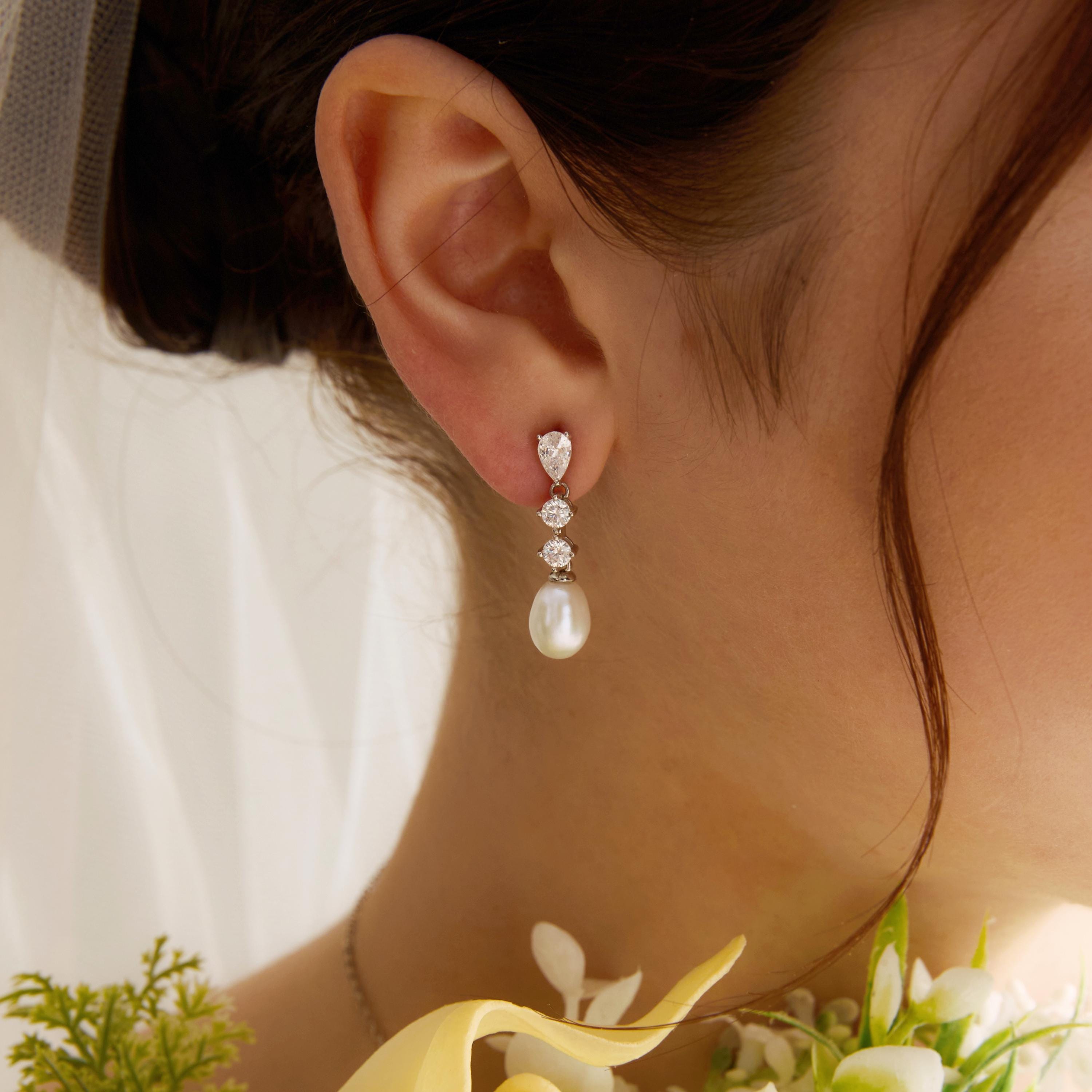 EcloraTreasures Diamond Pearl Drop Earrings Freshwater Pearl CZ