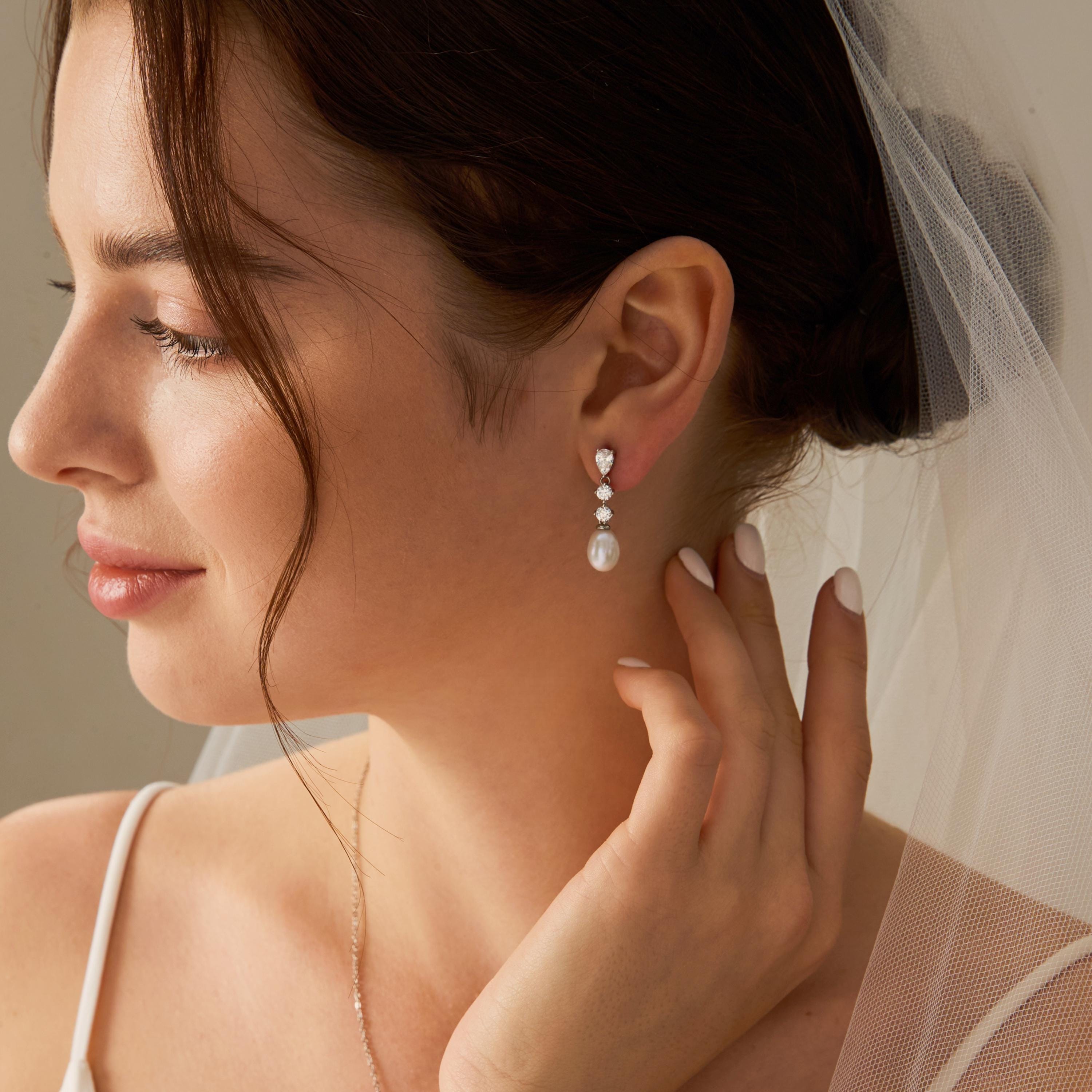 EcloraTreasures Diamond Pearl Drop Earrings Freshwater Pearl CZ