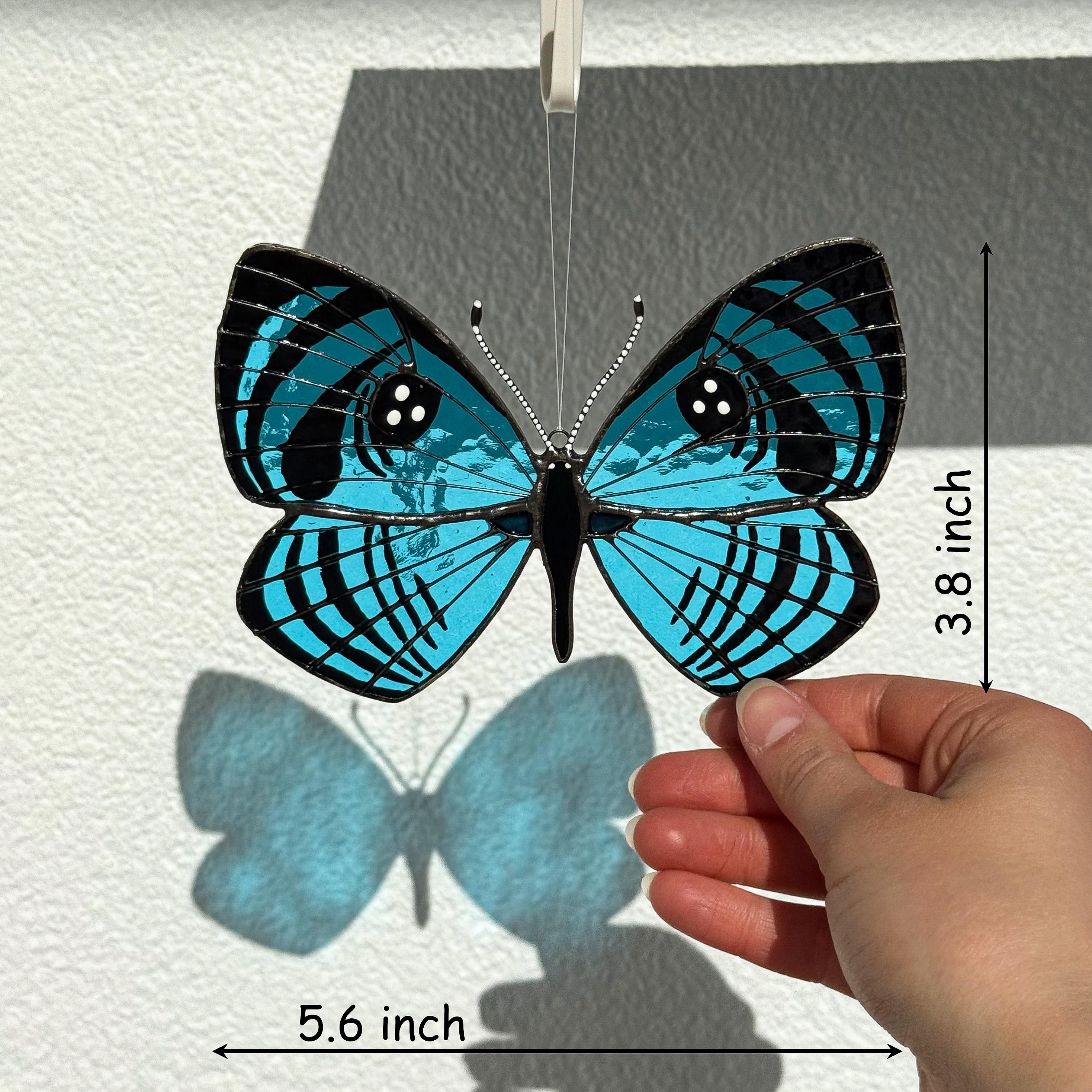 SunStainedGlassUA Croesus Eyemark Butterfly Suncatcher Hand-Painted Blue 5.6in