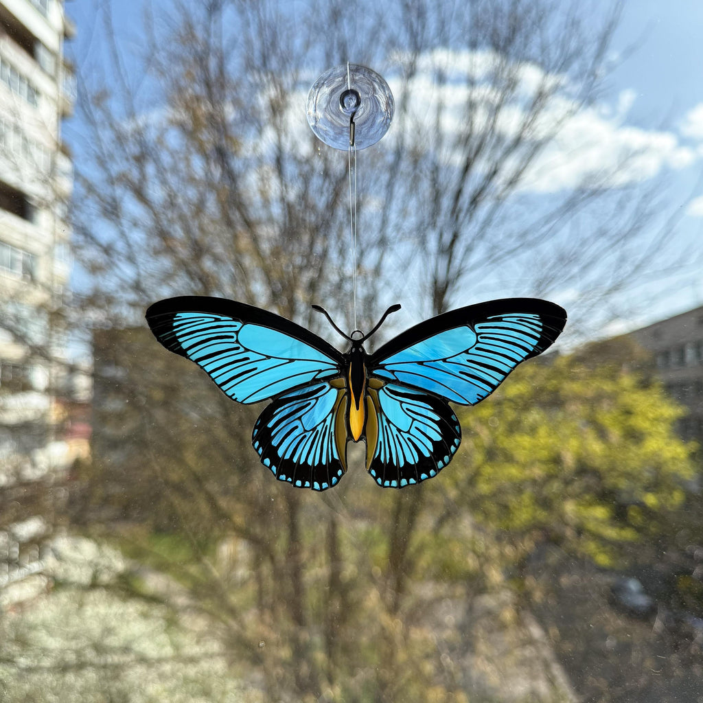 SunStainedGlassUA Blue Swallowtail Butterfly Stained Glass Suncatcher Handmade