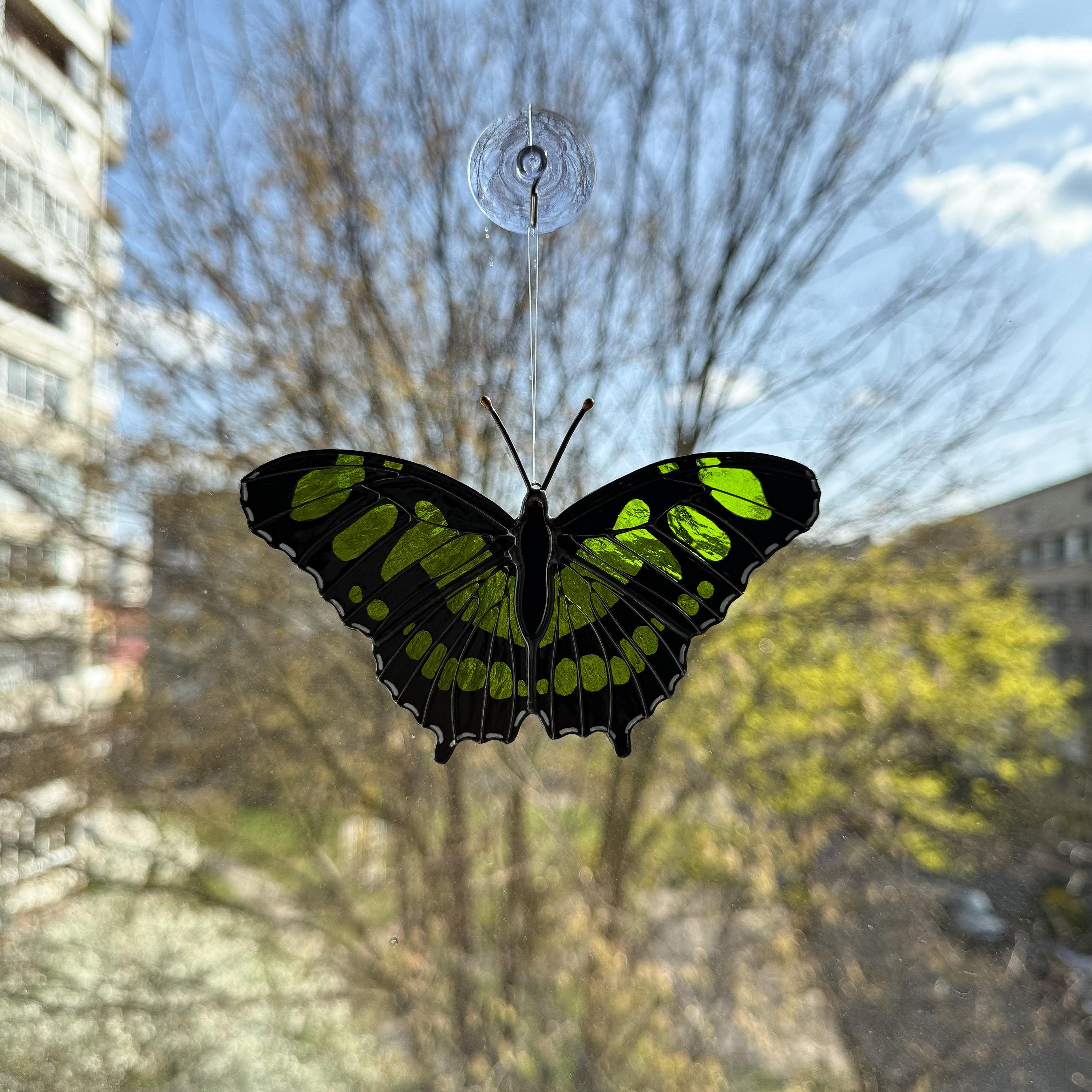 Malachite Butterfly Stained Glass Suncatcher Hand-Painted Green Home Decor