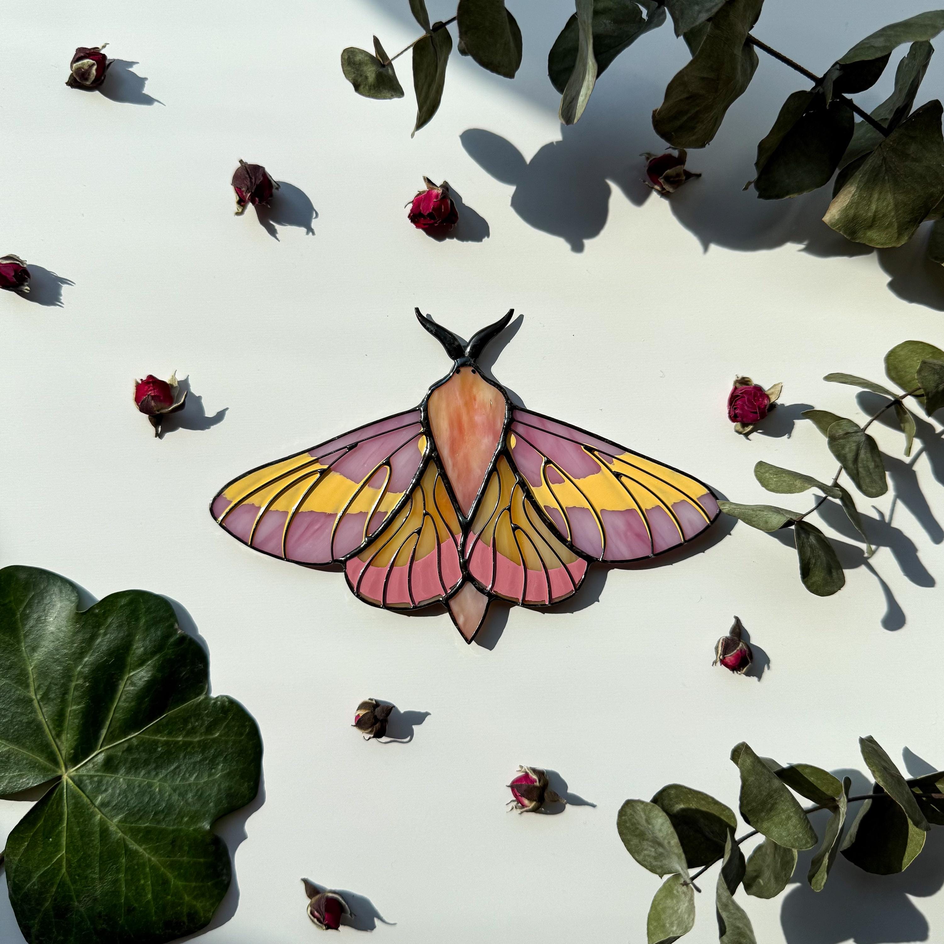 SunStainedGlassUA Rosy Maple Moth Stained Glass Suncatcher 5.6in