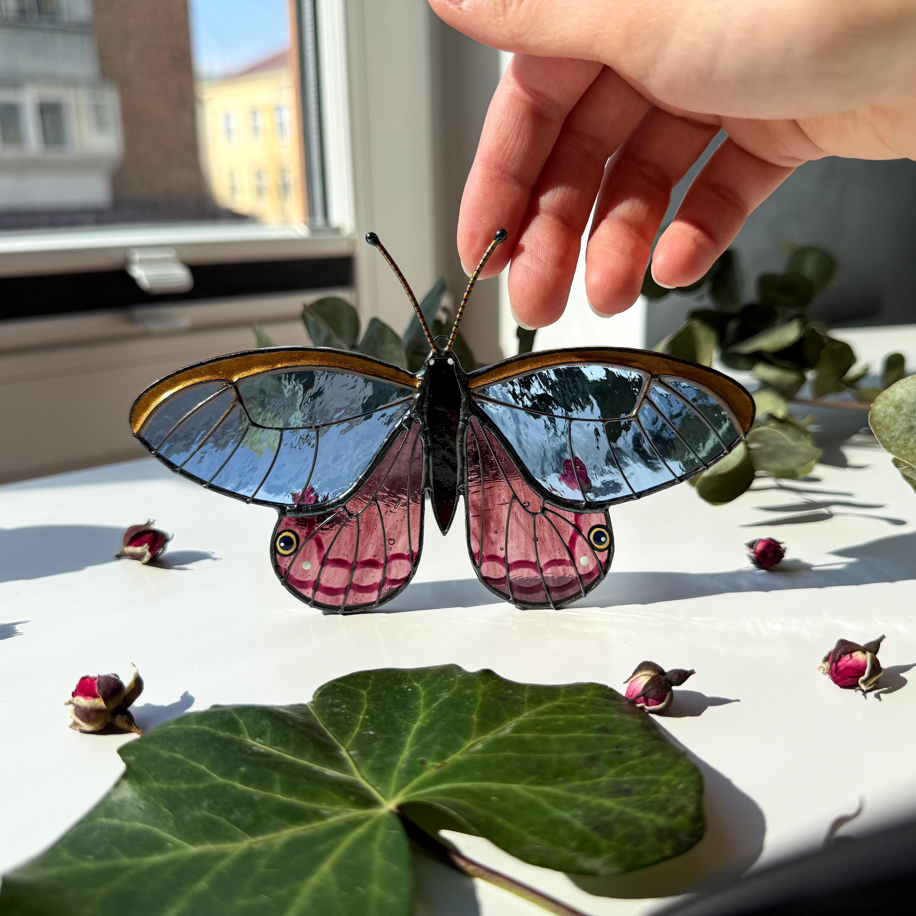 SunStainedGlassUA Blushing Phantom Butterfly Stained Glass Suncatcher Handmade