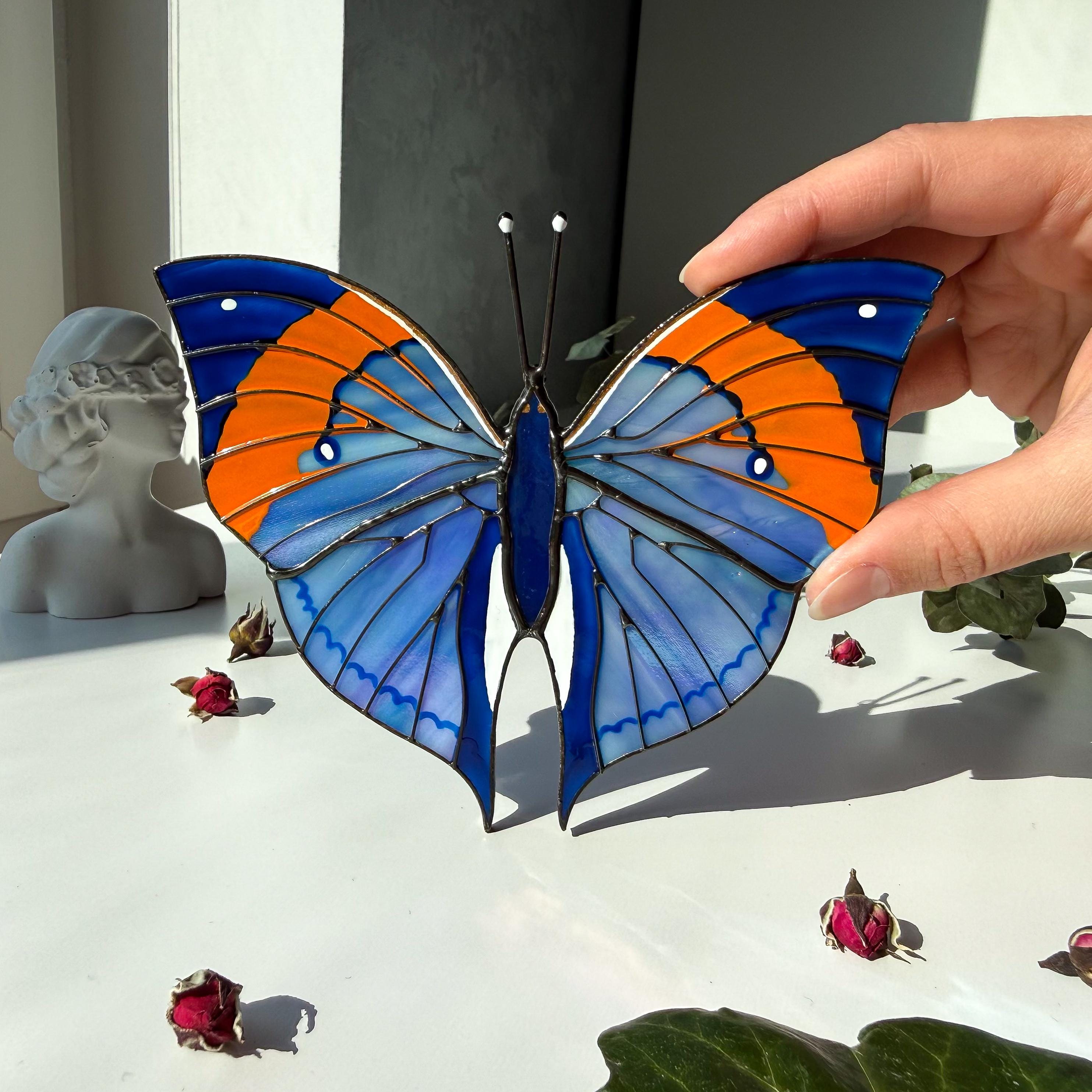 SunStainedGlassUA Orange Oakleaf Stained Glass Butterfly Suncatcher