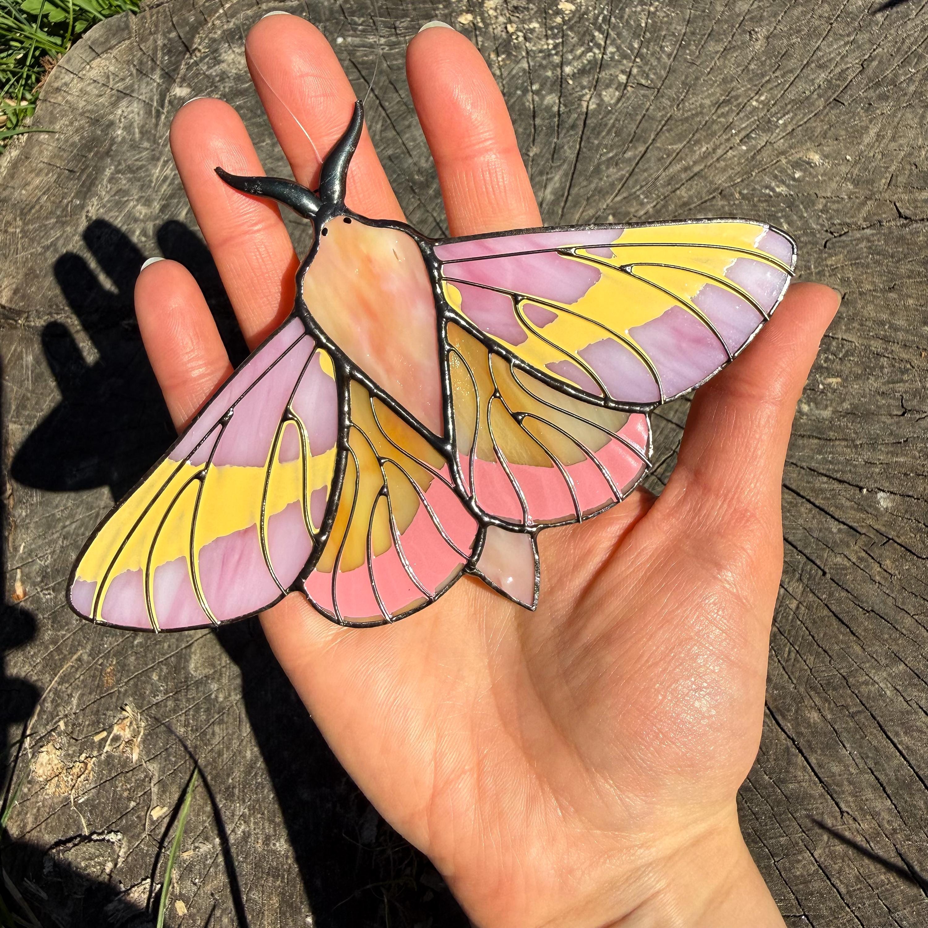 SunStainedGlassUA Rosy Maple Moth Stained Glass Suncatcher 5.6in