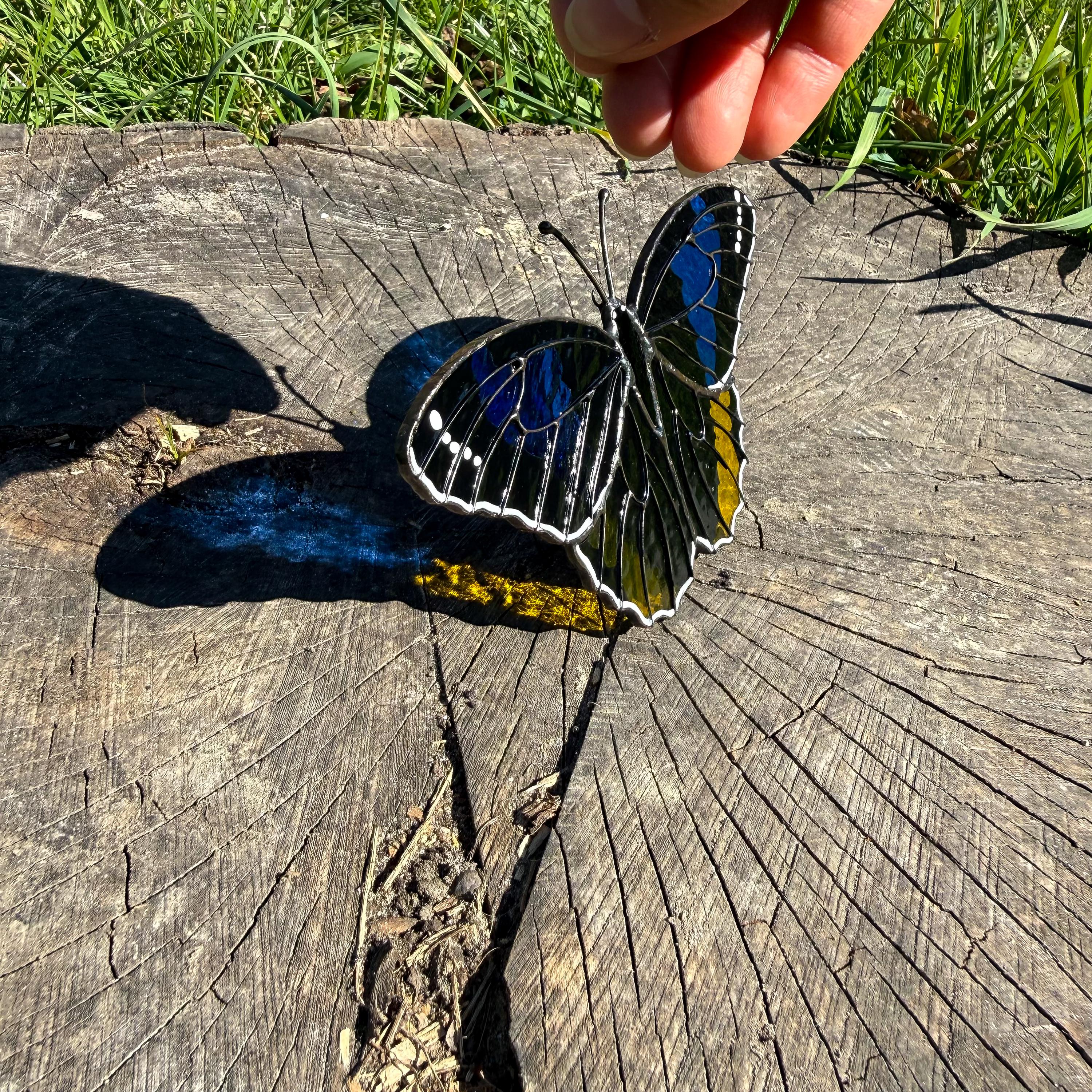 Handmade Yellow Owl Butterfly Stained Glass Suncatcher 5.7in