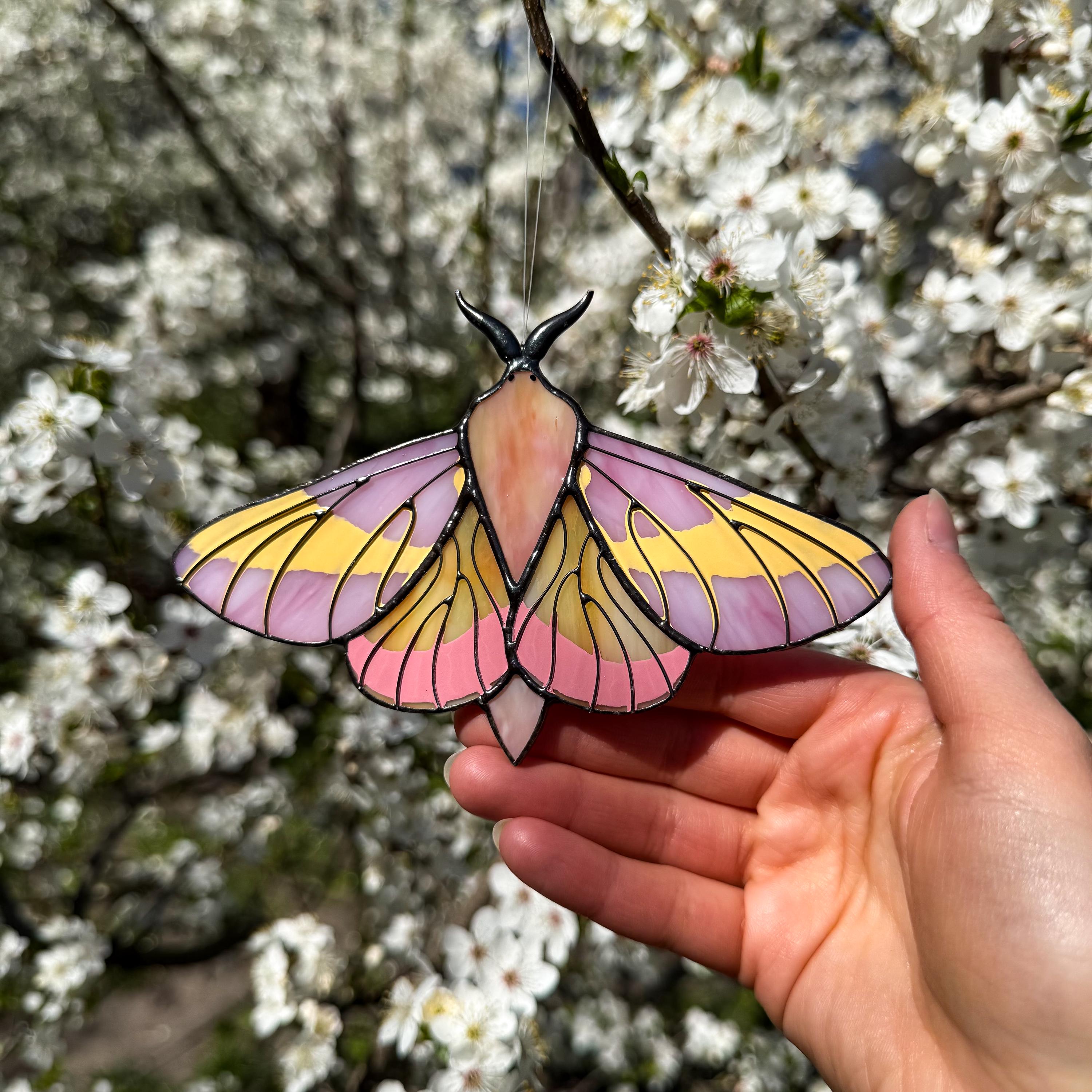 SunStainedGlassUA Rosy Maple Moth Stained Glass Suncatcher 5.6in