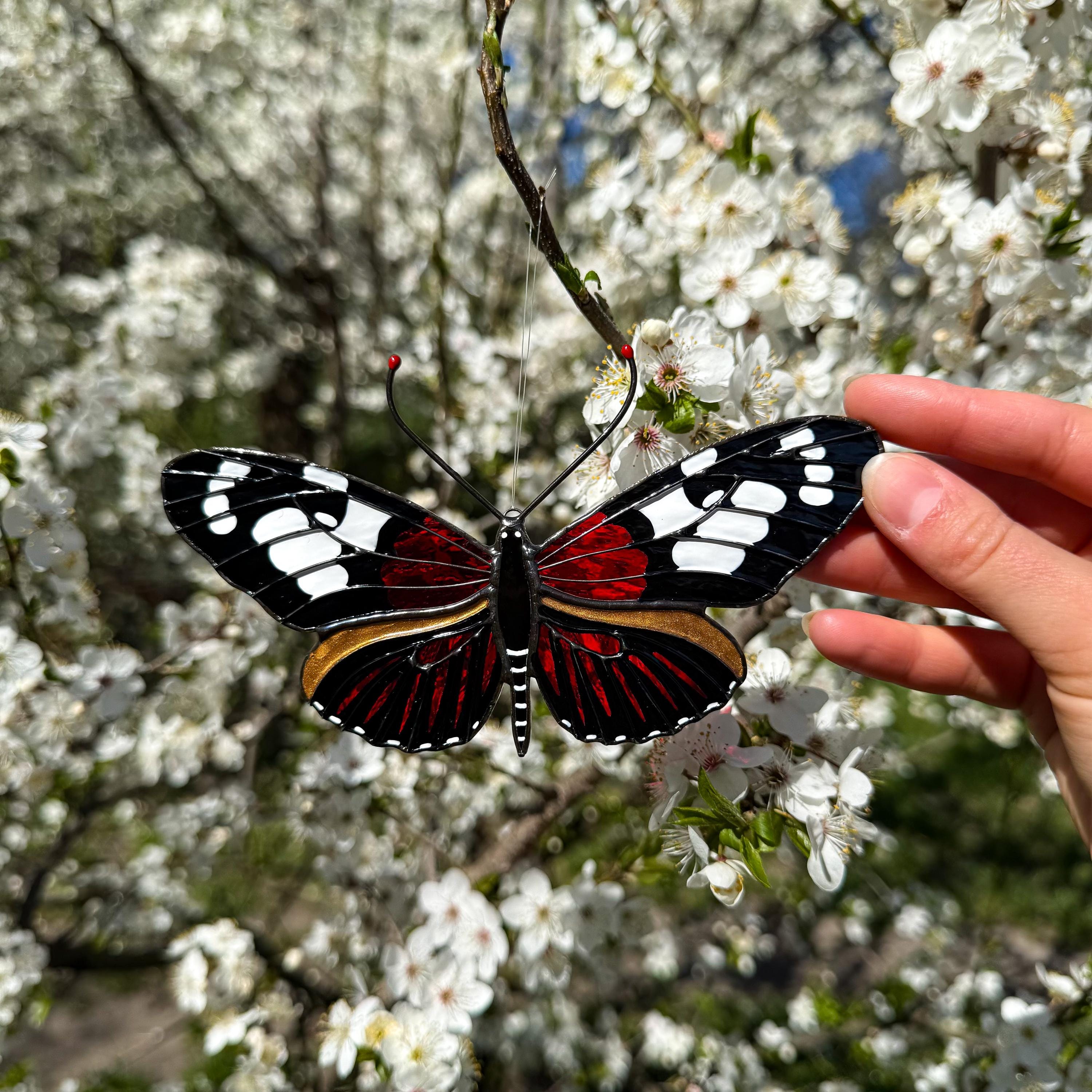SunStainedGlassUA Burney's Longwing Butterfly Stained Glass Suncatcher 6in Red