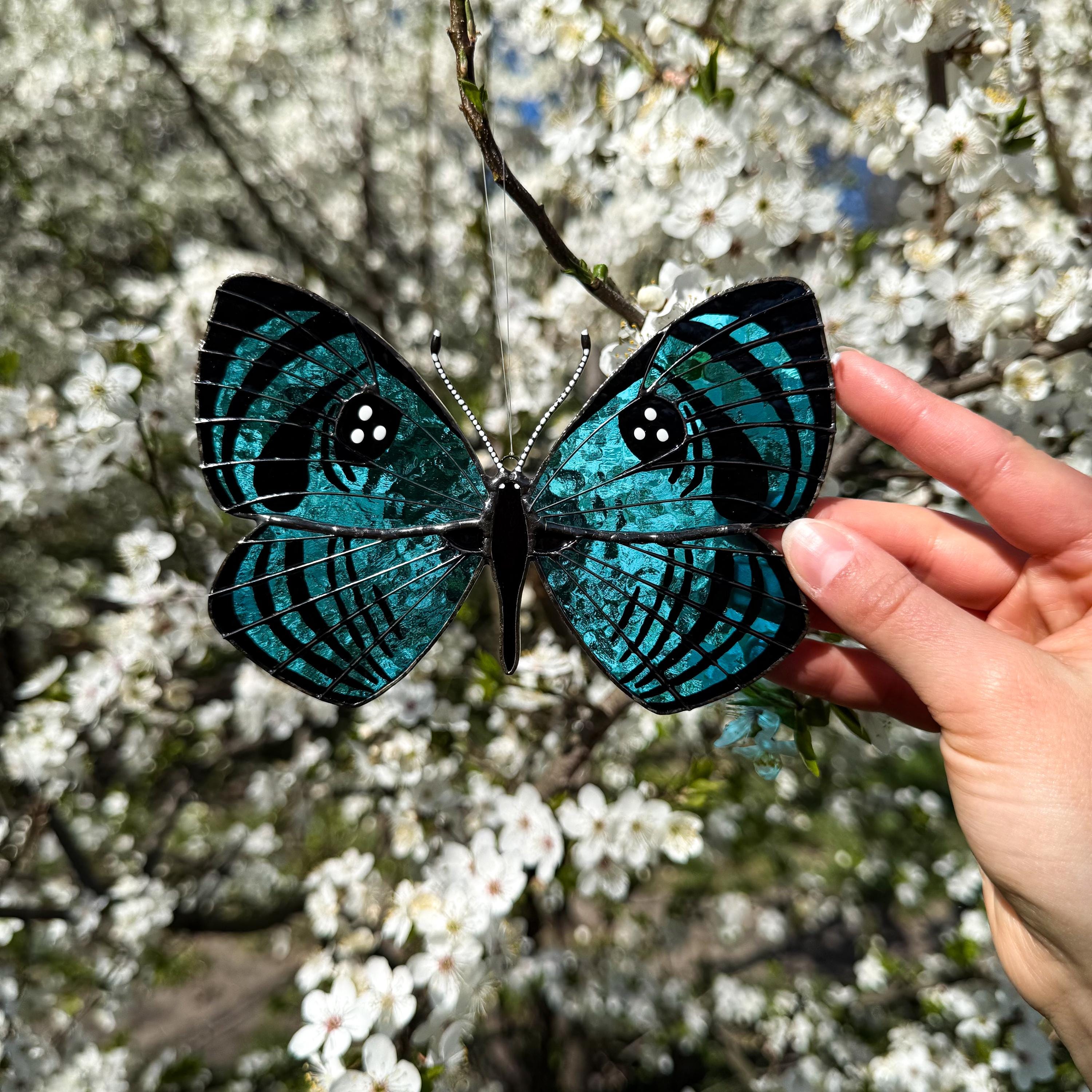 SunStainedGlassUA Croesus Eyemark Butterfly Suncatcher Hand-Painted Blue 5.6in