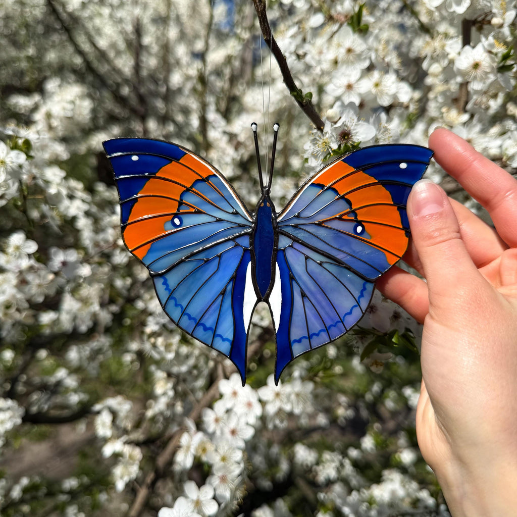 SunStainedGlassUA Orange Oakleaf Stained Glass Butterfly Suncatcher
