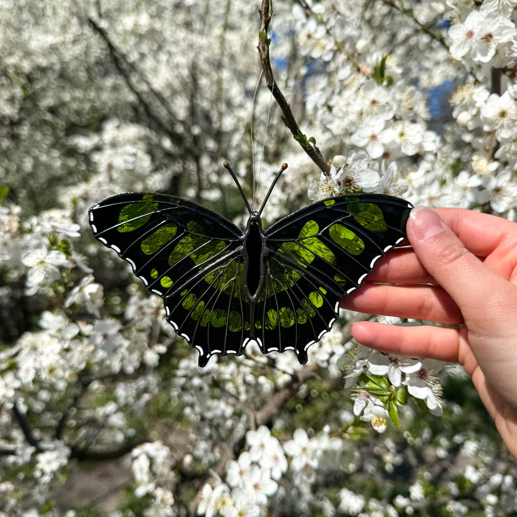 Malachite Butterfly Stained Glass Suncatcher Hand-Painted Green Home Decor