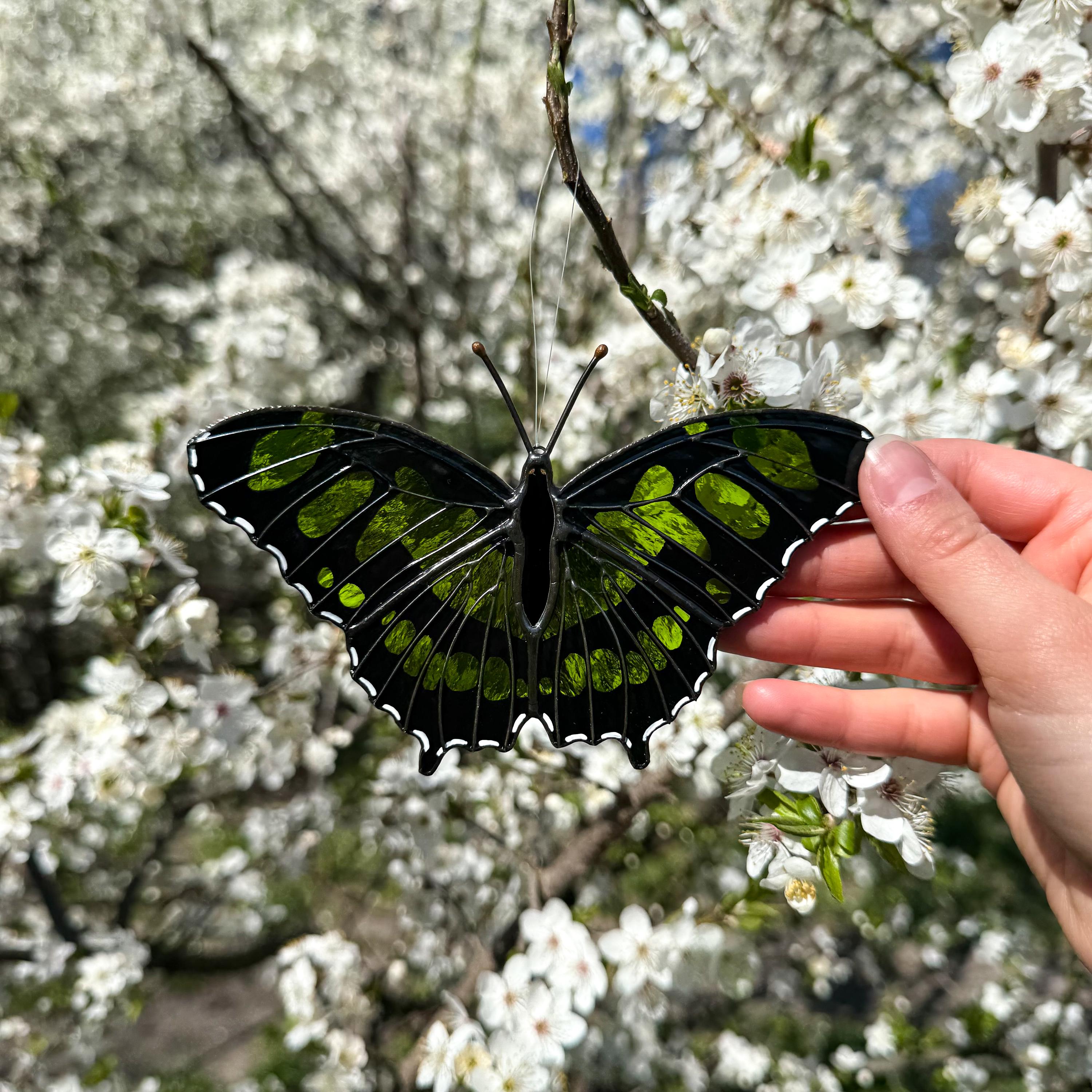 Malachite Butterfly Stained Glass Suncatcher Hand-Painted Green Home Decor