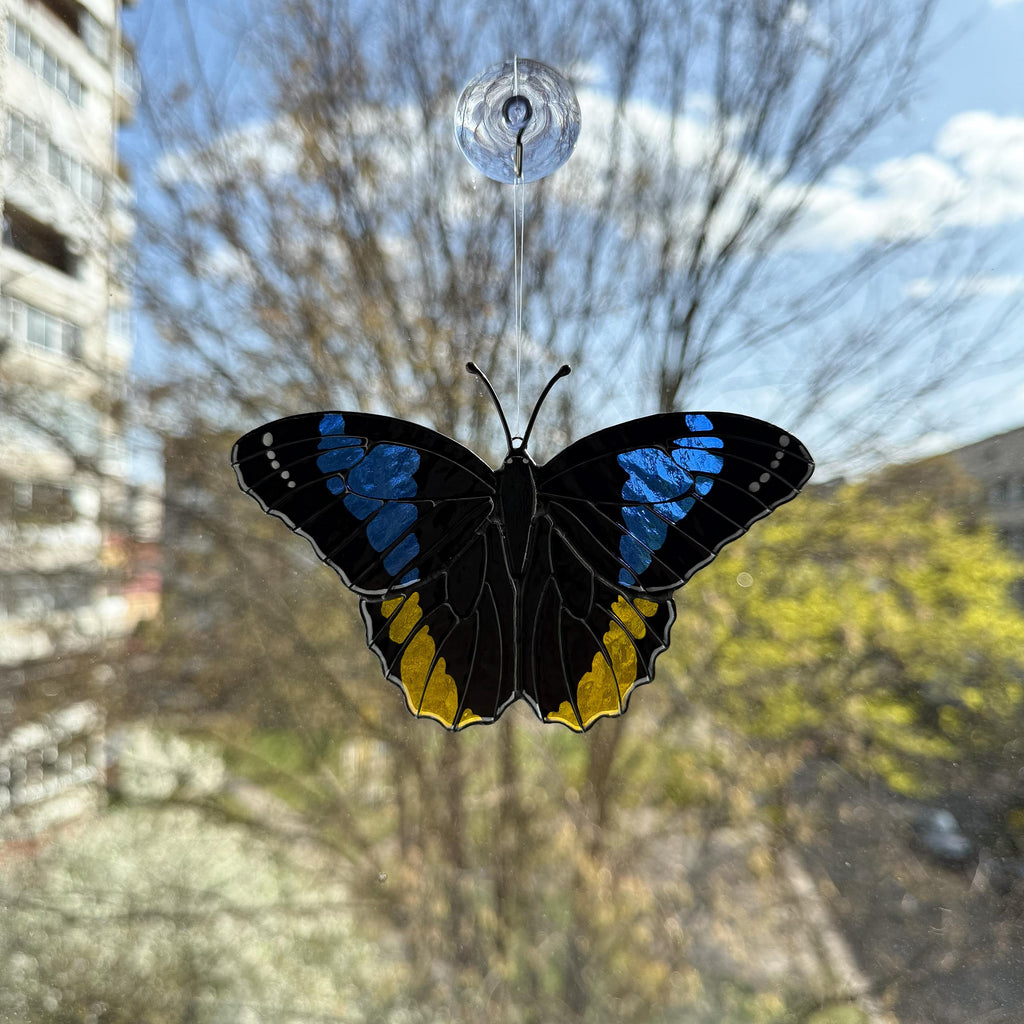 Handmade Yellow Owl Butterfly Stained Glass Suncatcher 5.7in