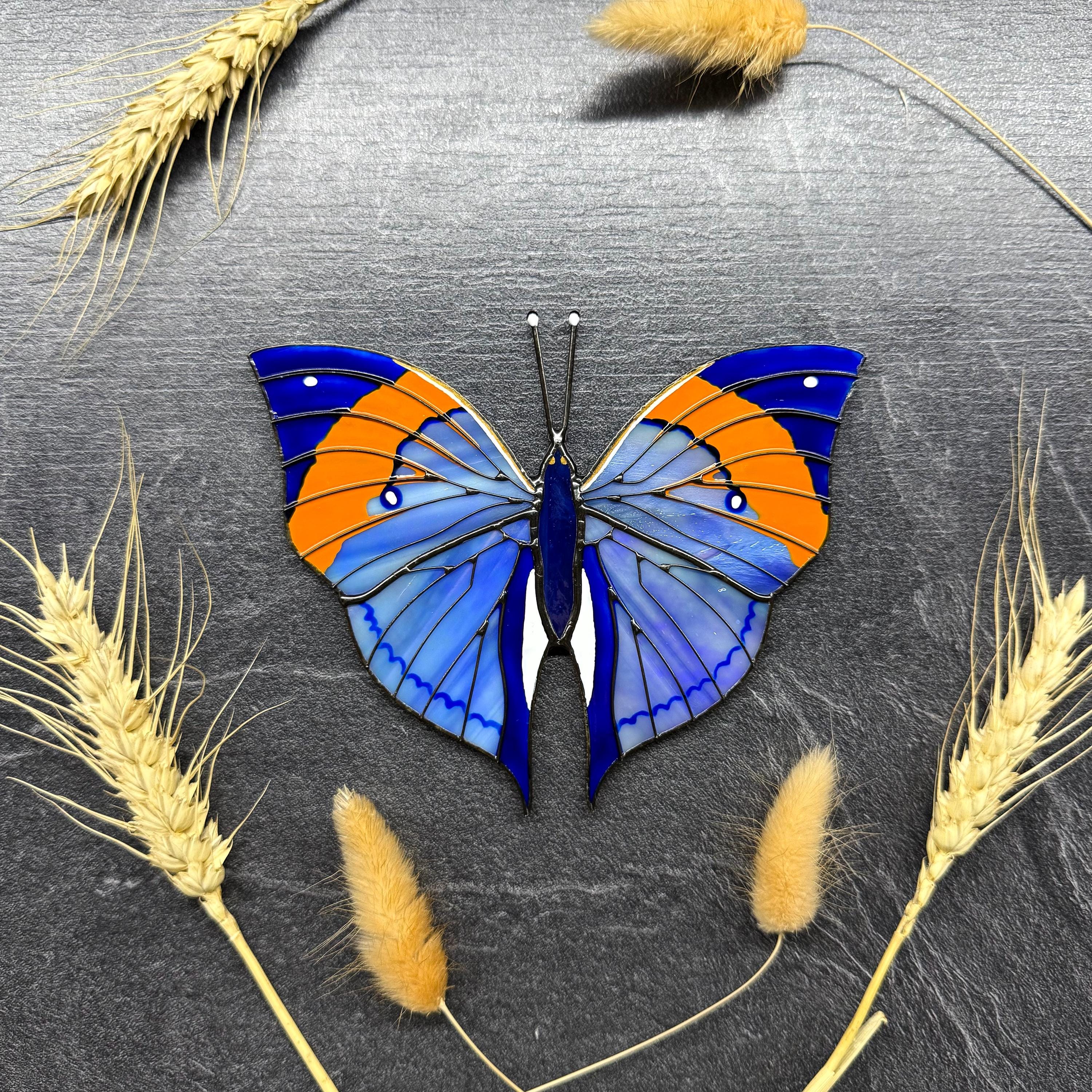 SunStainedGlassUA Orange Oakleaf Stained Glass Butterfly Suncatcher
