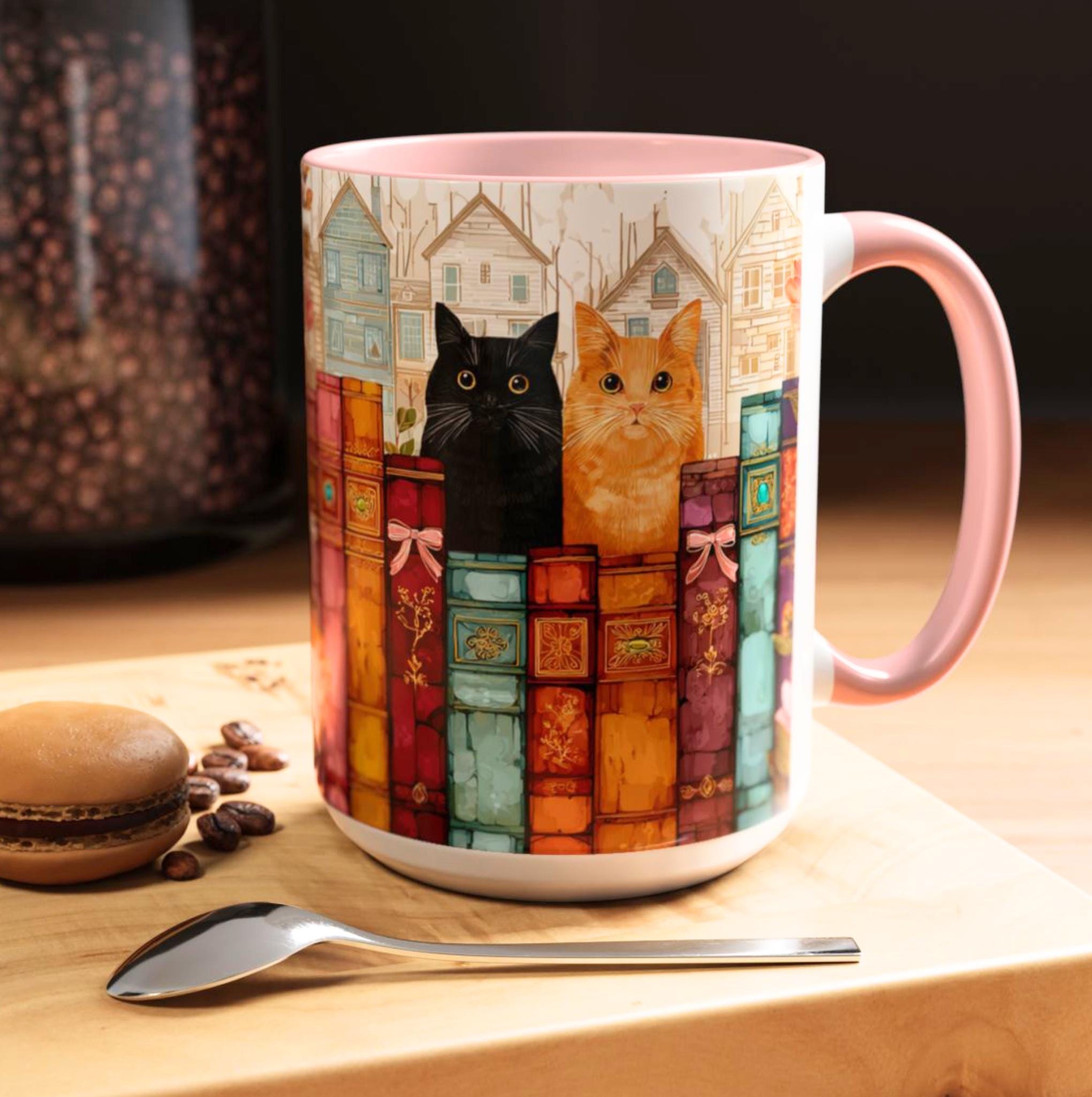 Cat Book Lover Mug Bookshelf Coffee Mug Reader Gift Bookish Cottagecore Cup