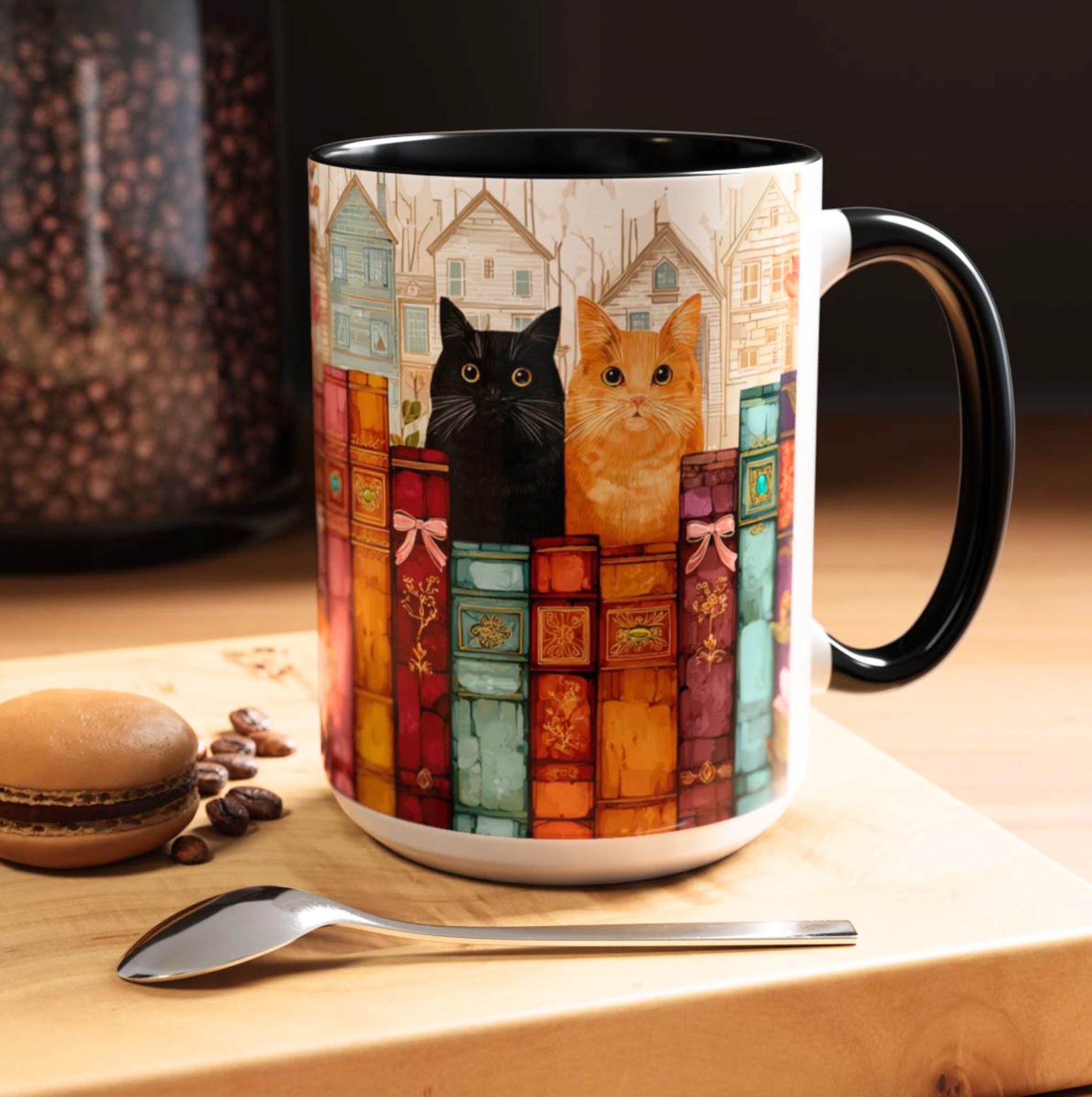 Cat Book Lover Mug Bookshelf Coffee Mug Reader Gift Bookish Cottagecore Cup