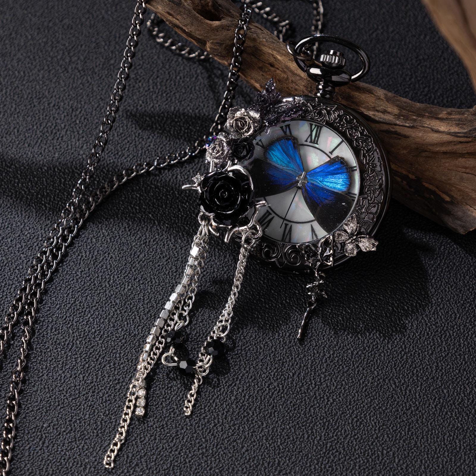 Oryeia Handmade Gothic Pocket Watch Real Blue Morpho Butterfly Jewelry Black Rose Pendant