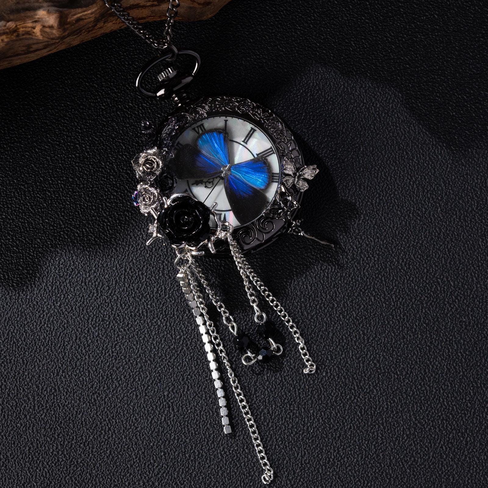 Oryeia Handmade Gothic Pocket Watch Real Blue Morpho Butterfly Jewelry Black Rose Pendant