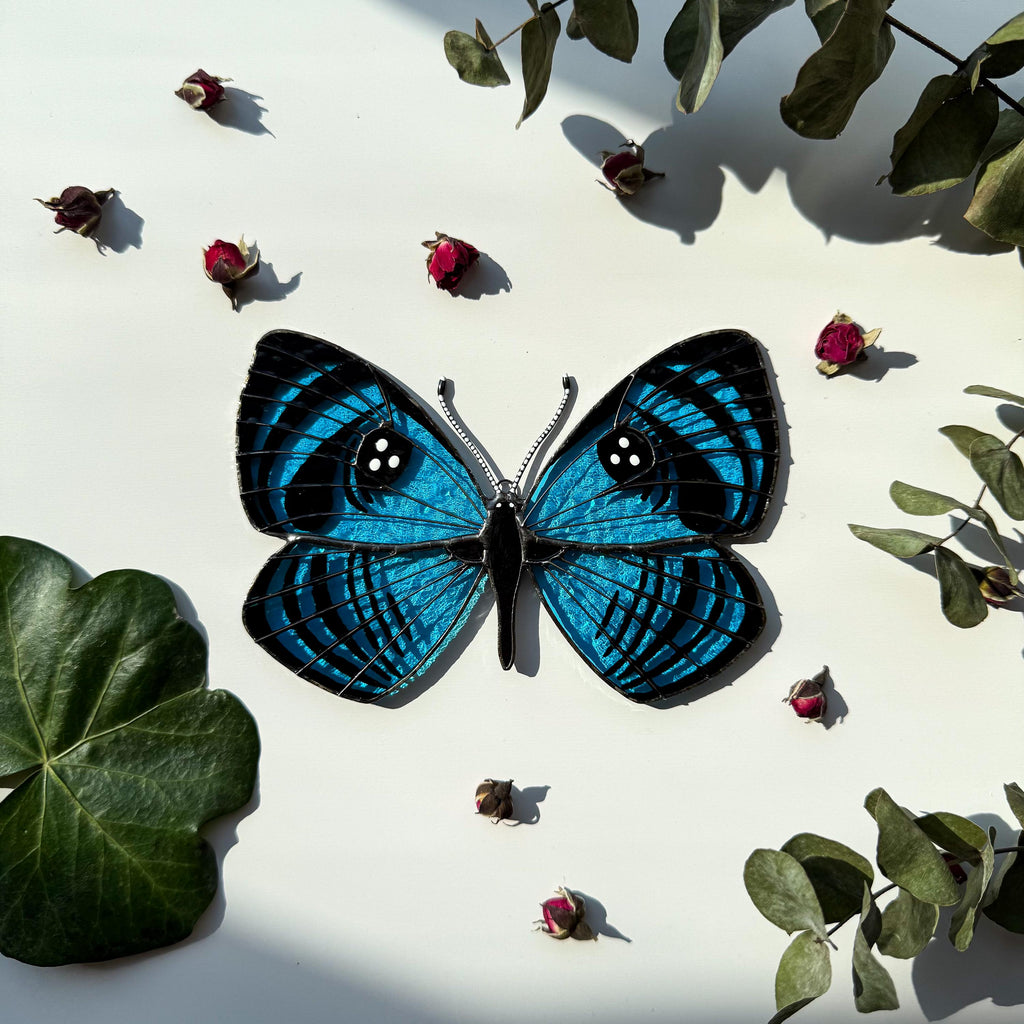 SunStainedGlassUA Croesus Eyemark Butterfly Suncatcher Hand-Painted Blue 5.6in