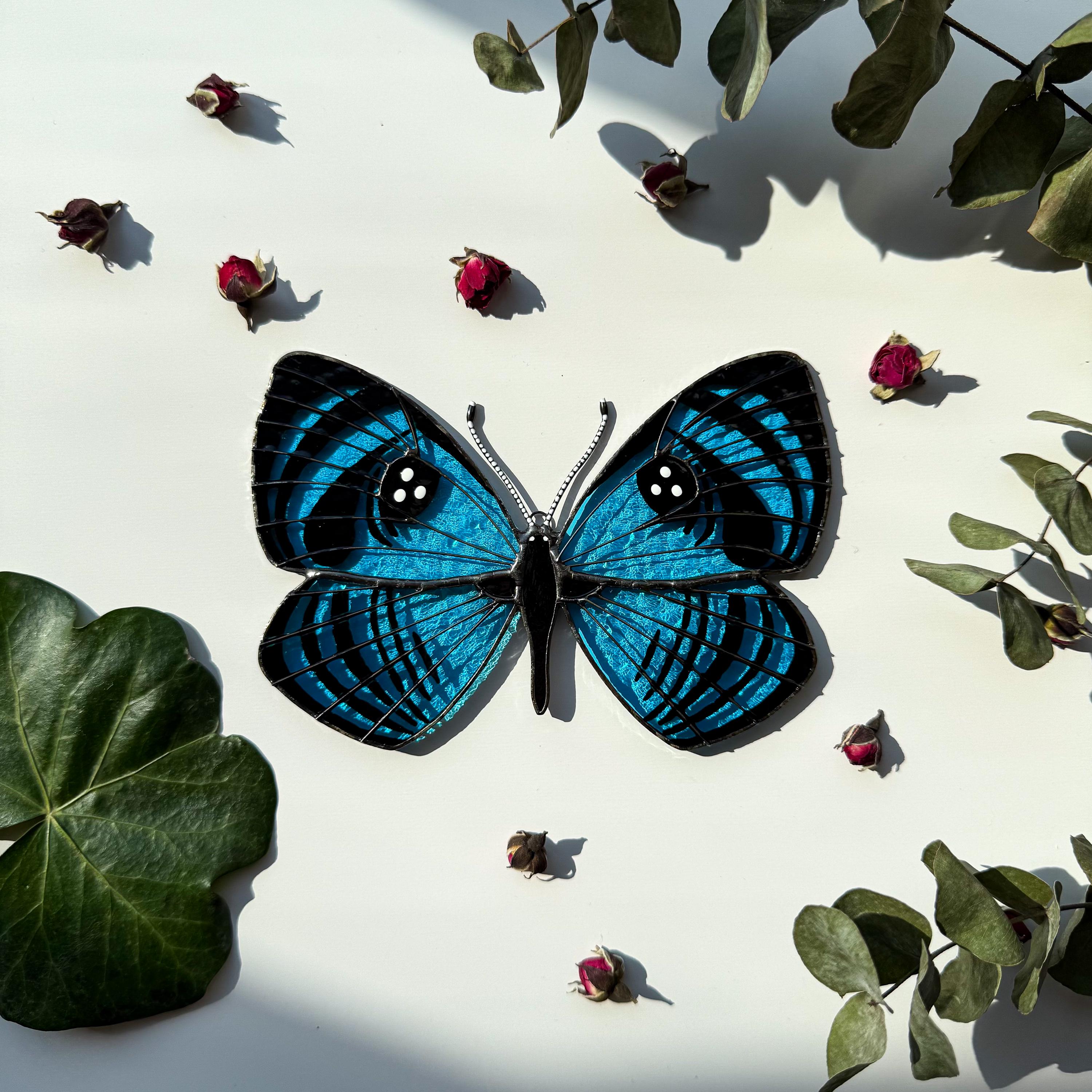SunStainedGlassUA Croesus Eyemark Butterfly Suncatcher Hand-Painted Blue 5.6in