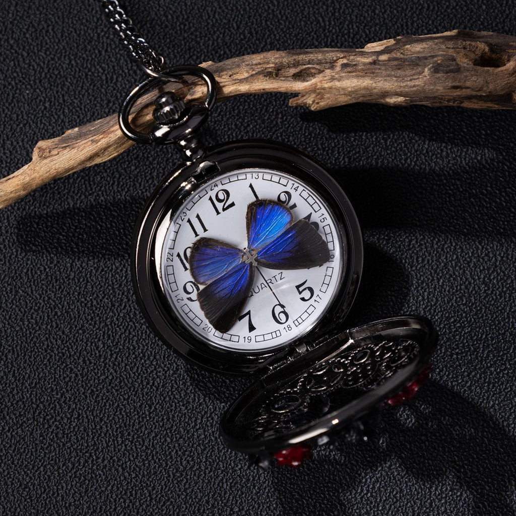 Oryeia Handmade Blue Butterfly Specimen Pocket Watch Necklace