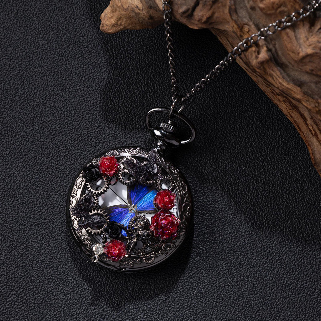 Oryeia Handmade Blue Butterfly Specimen Pocket Watch Necklace, Gothic Rose Pendant, Steampunk Jewelry