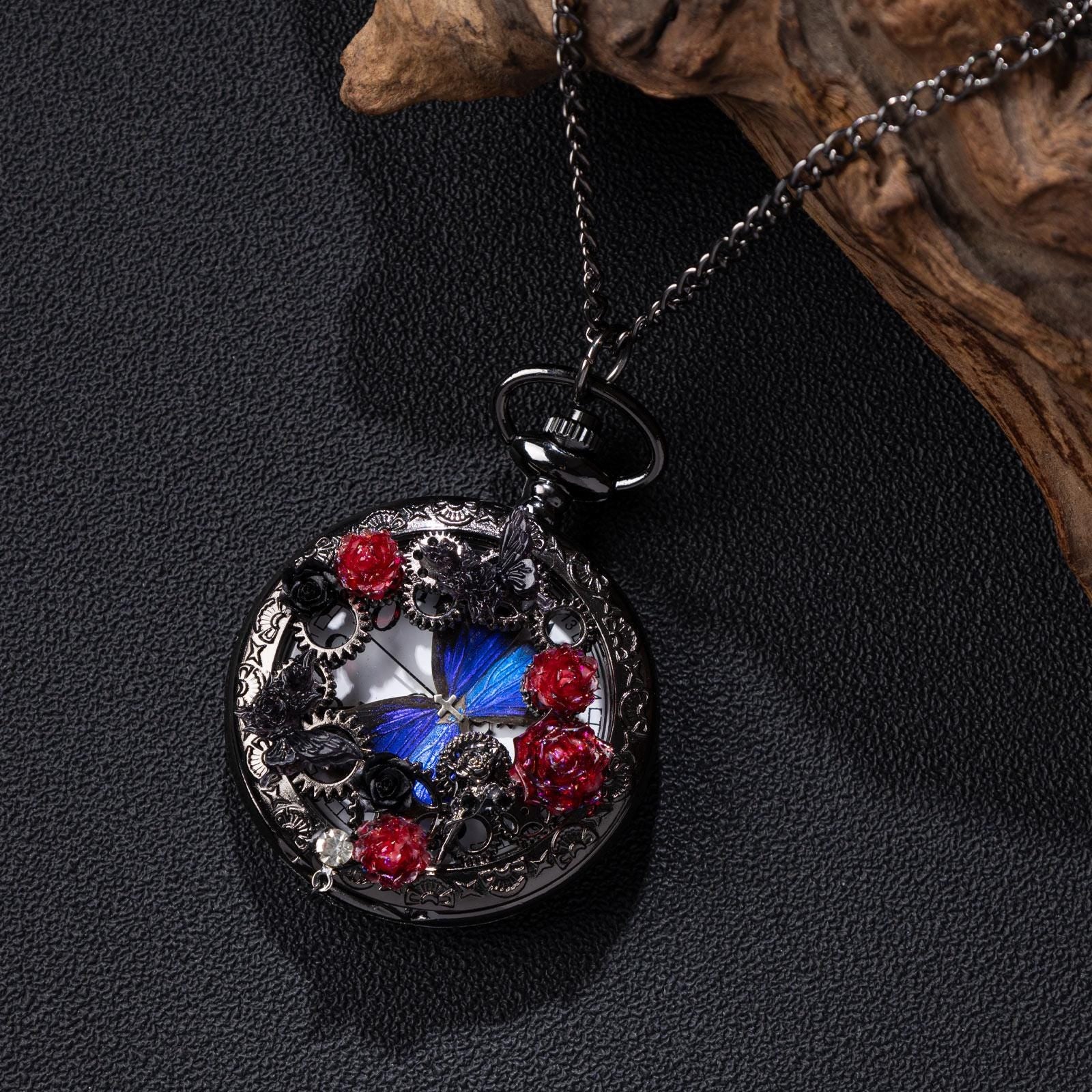 Oryeia Handmade Blue Butterfly Specimen Pocket Watch Necklace