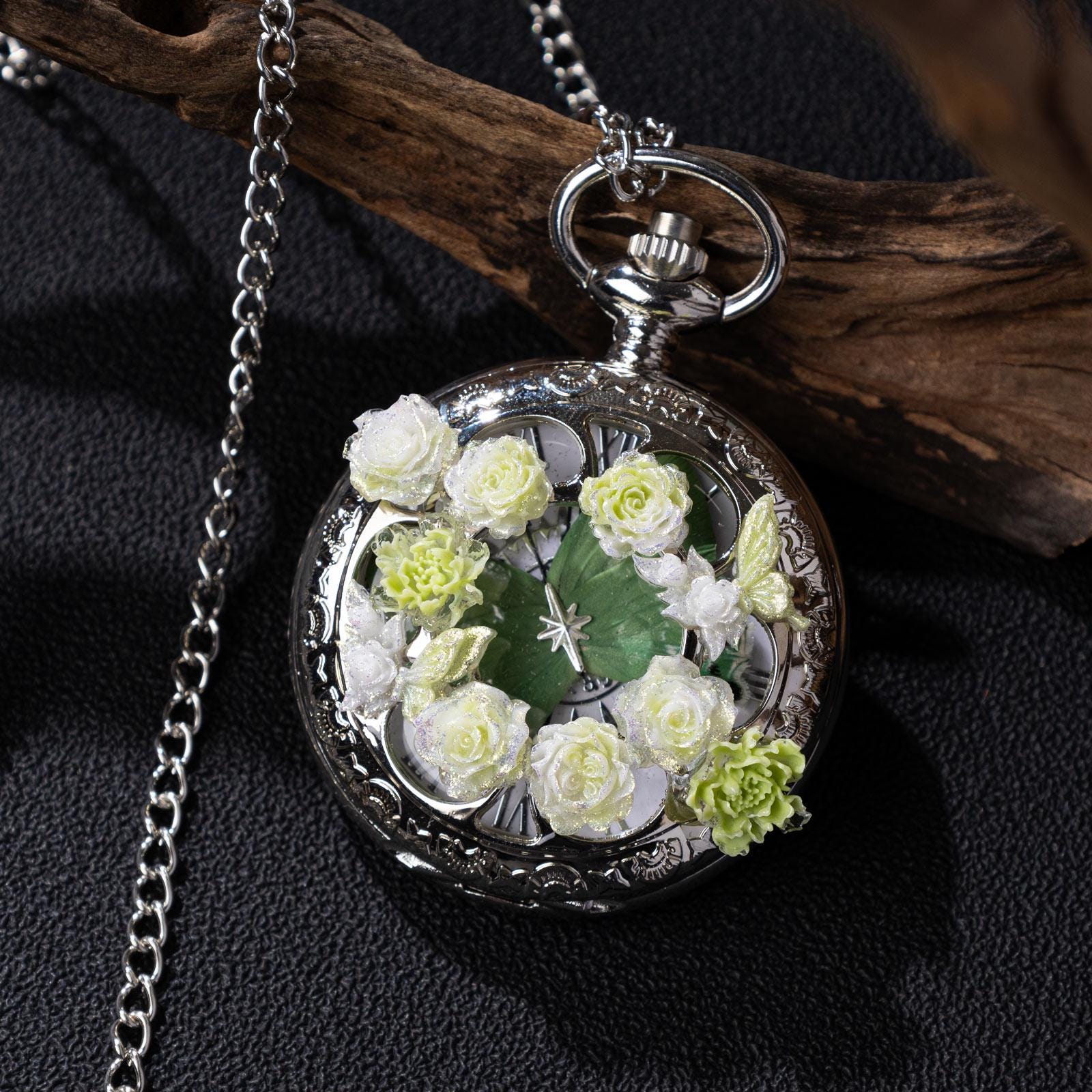 Oryeia Green Butterfly Specimen Handmade Pocket Watch Necklace