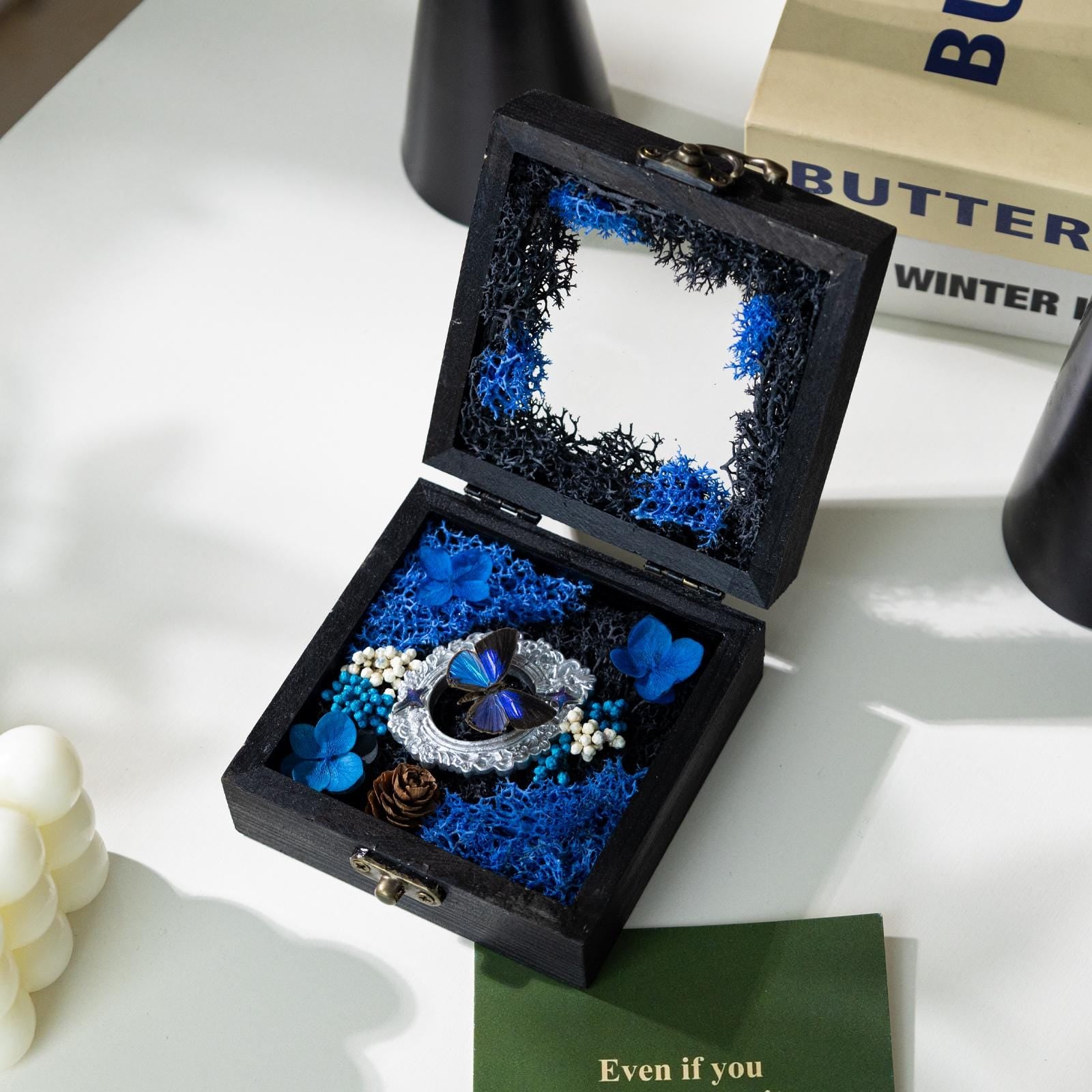 Oryeia Blue Butterfly Specimen Diorama Box With Preserved Moss