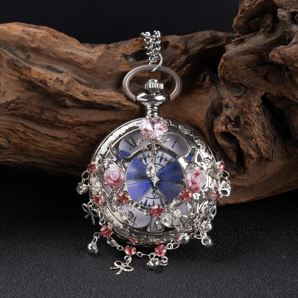 Oryeia Handmade Blue Morpho Butterfly Pocket Watch Necklace