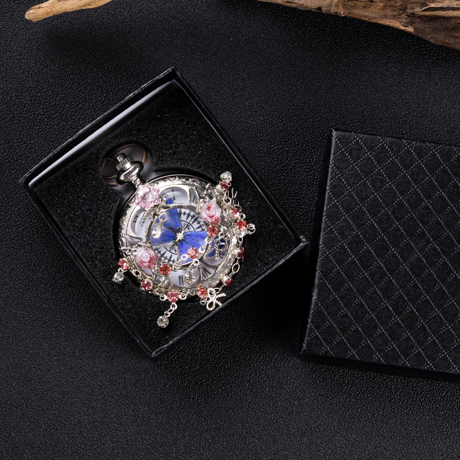 Oryeia Handmade Blue Morpho Butterfly Pocket Watch Necklace