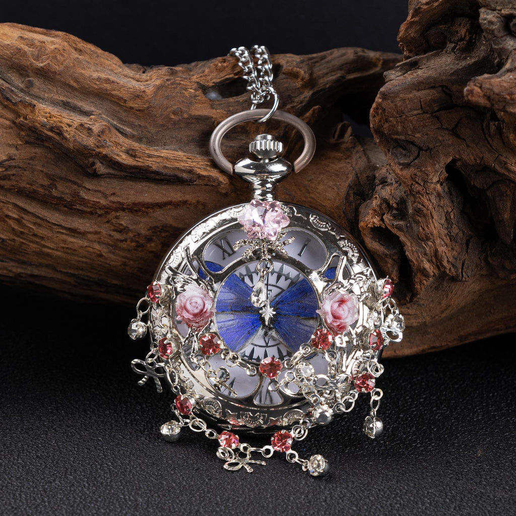 Oryeia Handmade Blue Morpho Butterfly Pocket Watch Necklace