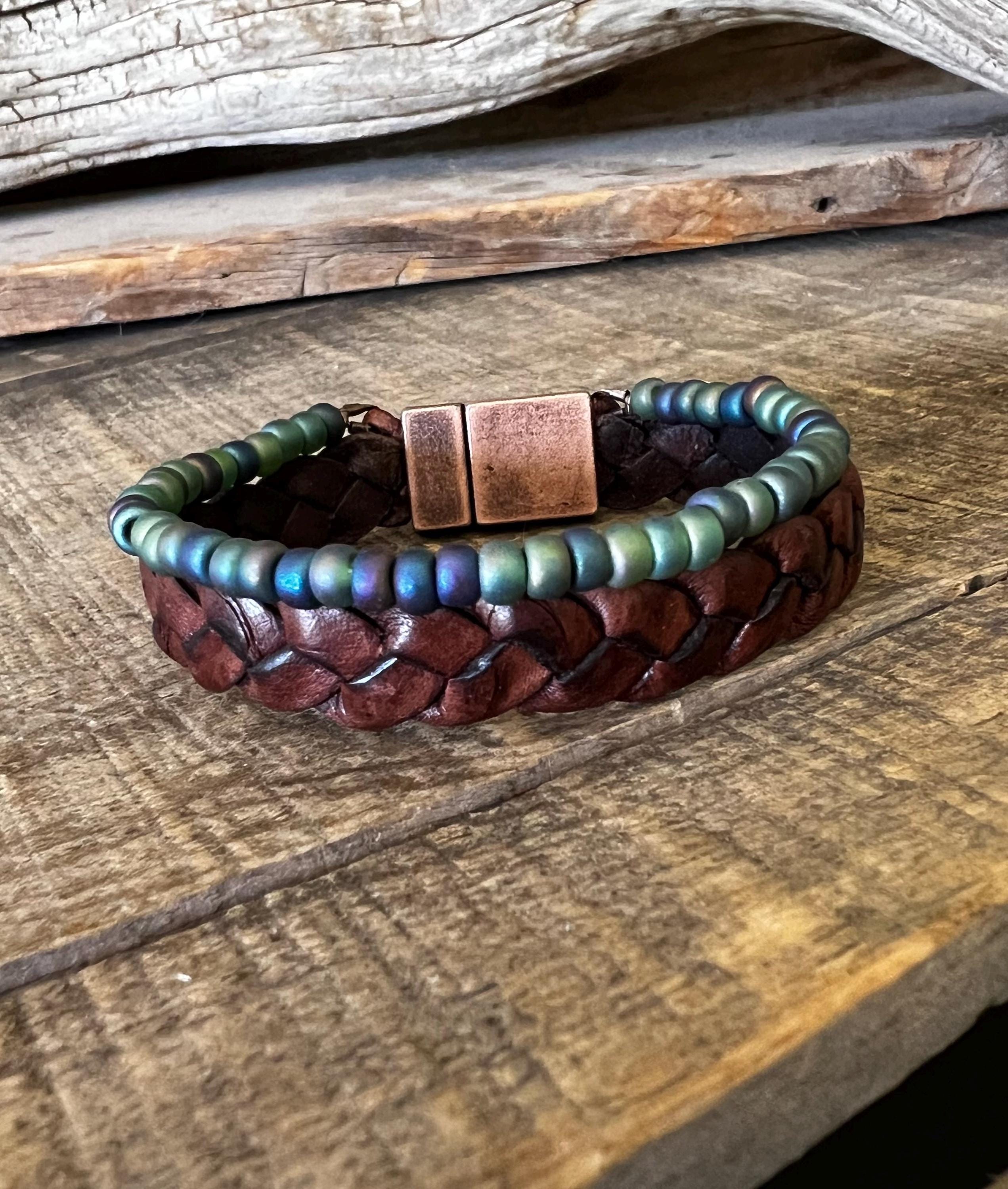 BohoWrapFrancesca Wide Braided Leather Bracelet Green Iridescent Beads
