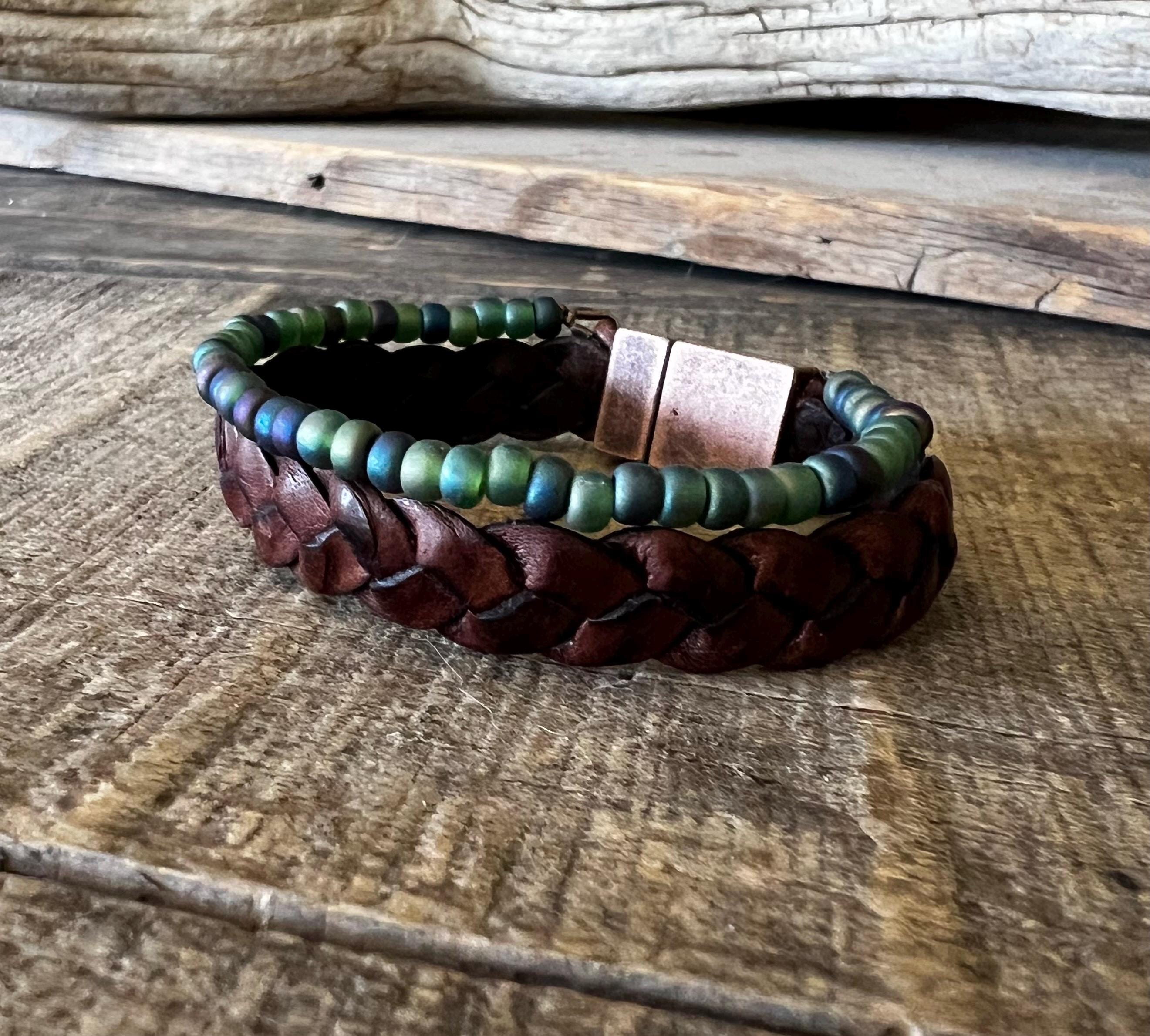 BohoWrapFrancesca Wide Braided Leather Bracelet Green Iridescent Beads