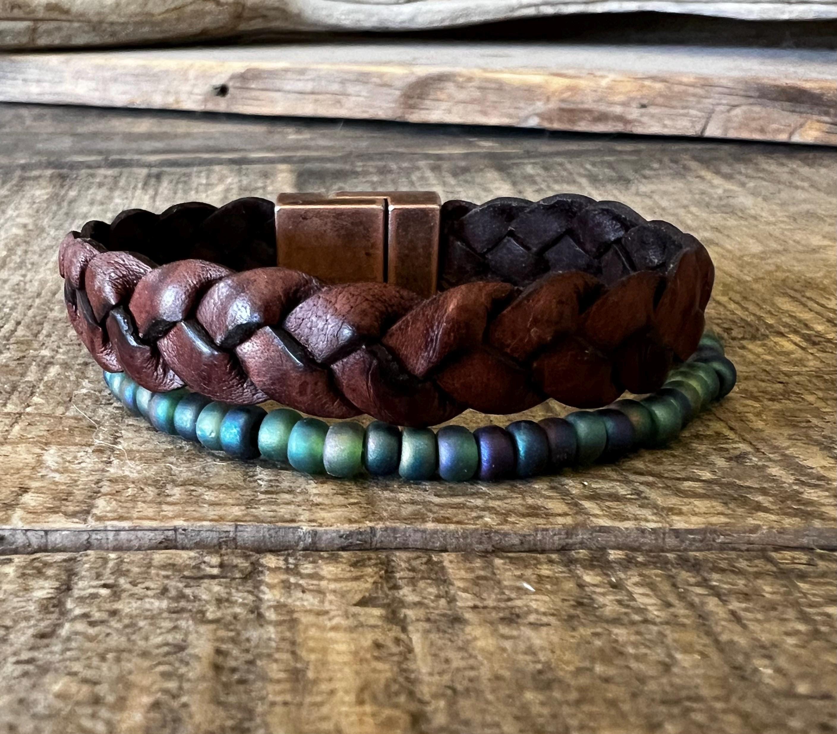BohoWrapFrancesca Wide Braided Leather Bracelet Green Iridescent Beads