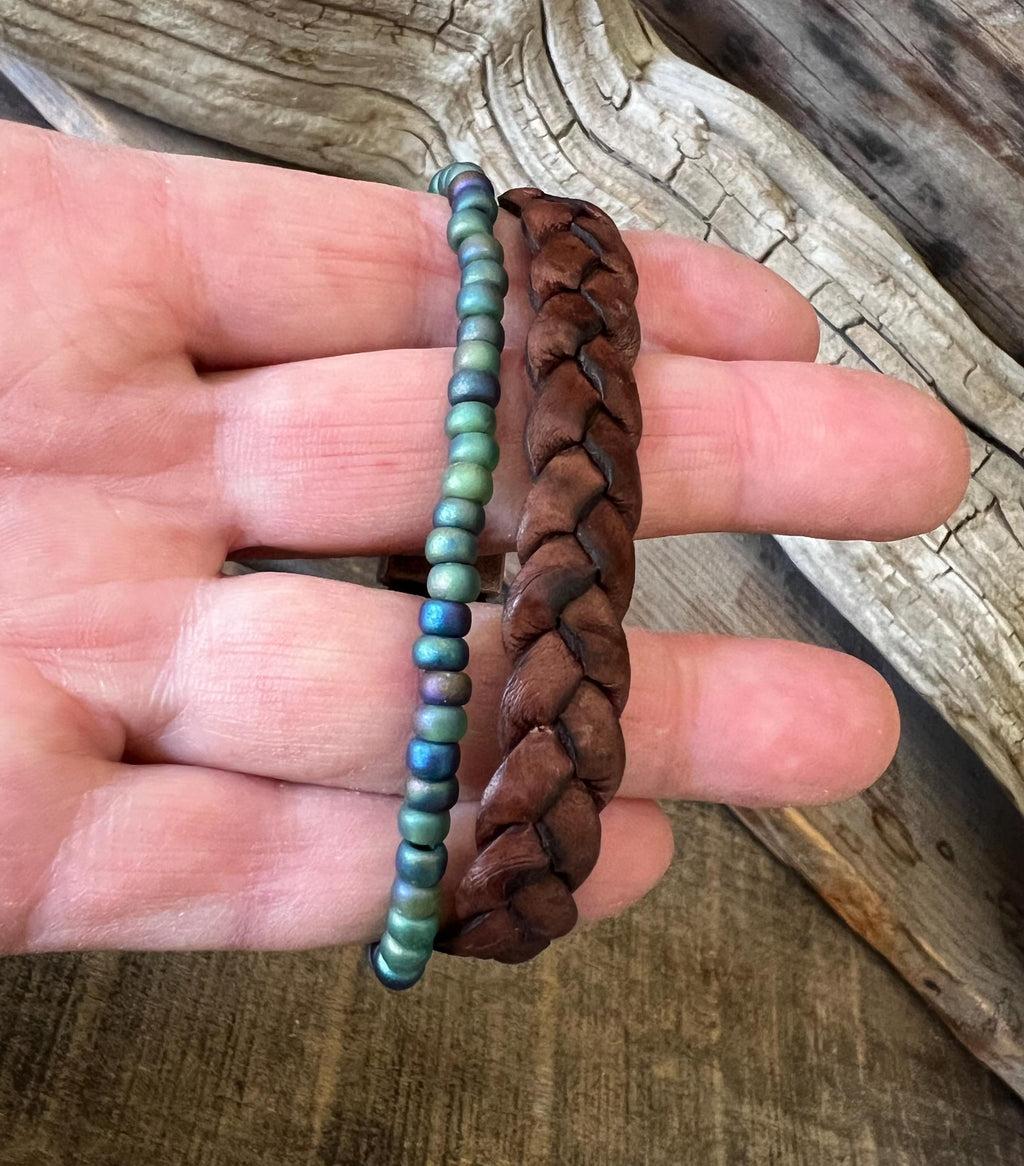 BohoWrapFrancesca Wide Braided Leather Bracelet Green Iridescent Beads