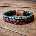 BohoWrapFrancesca Wide Braided Leather Bracelet Green Iridescent Beads