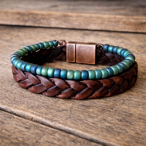 BohoWrapFrancesca Wide Braided Leather Bracelet Green Iridescent Beads
