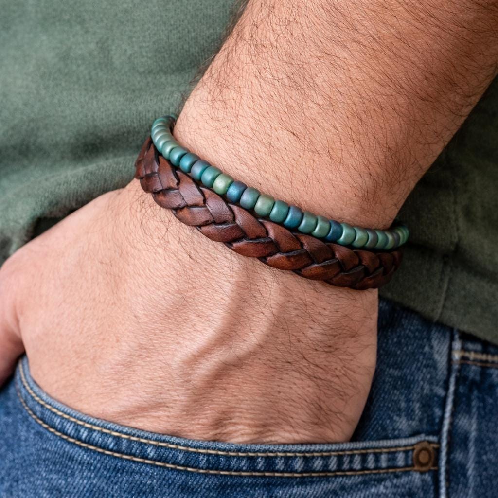 BohoWrapFrancesca Wide Braided Leather Bracelet Green Iridescent Beads