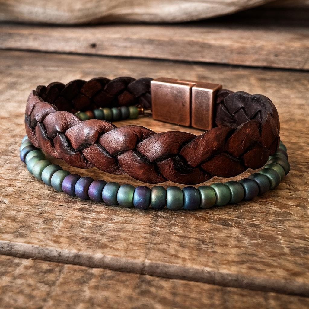 BohoWrapFrancesca Wide Braided Leather Bracelet Green Iridescent Beads
