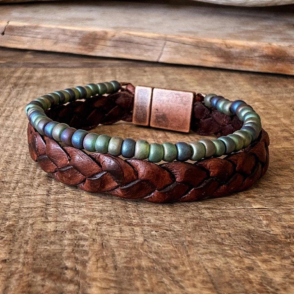 BohoWrapFrancesca Wide Braided Leather Bracelet Green Iridescent Beads