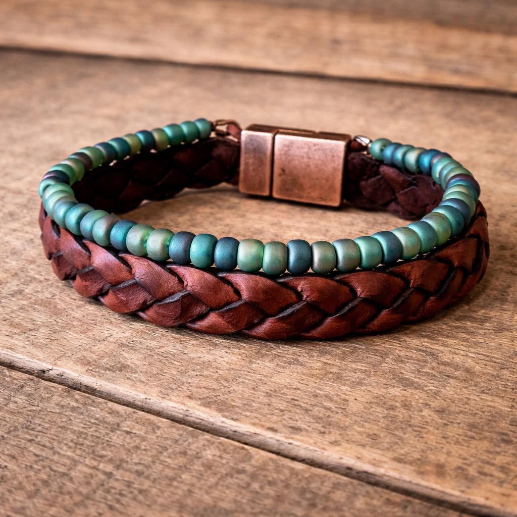 BohoWrapFrancesca Wide Braided Leather Bracelet Green Iridescent Beads