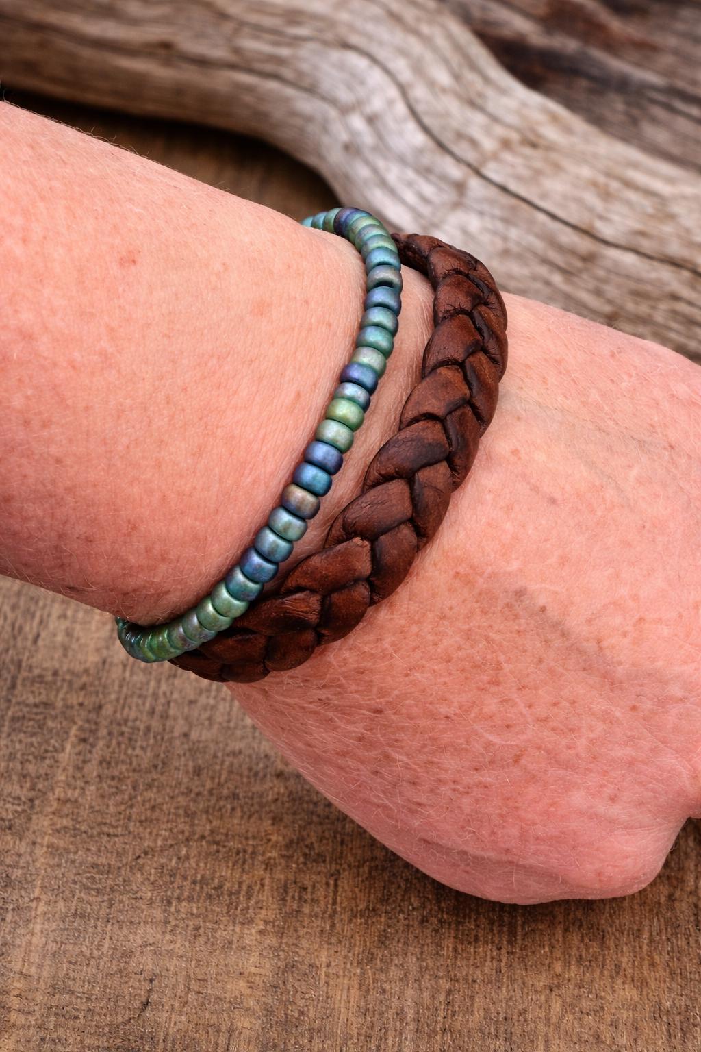 BohoWrapFrancesca Wide Braided Leather Bracelet Green Iridescent Beads