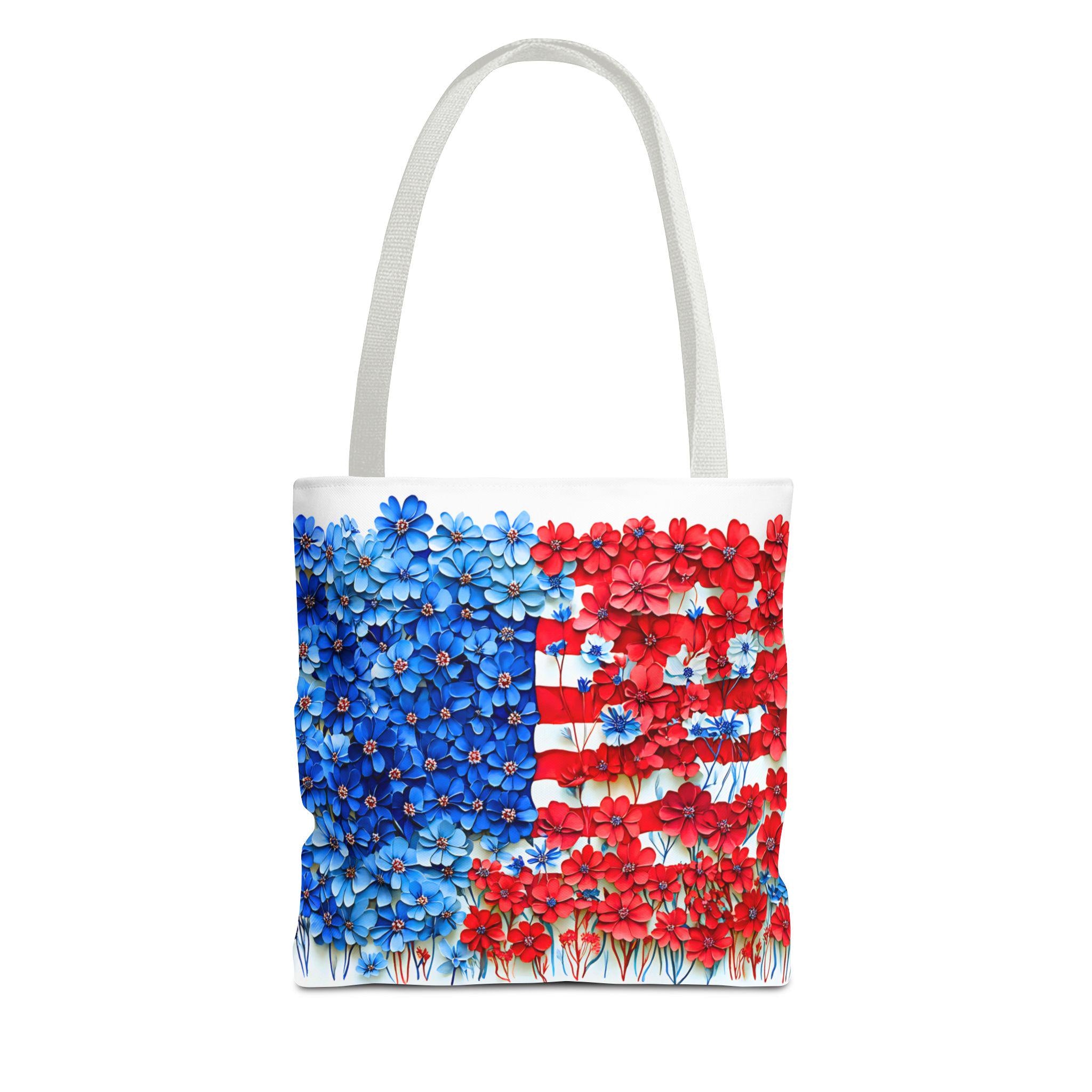 American Flag Floral Tote Bag Patriotic Wildflower Design 4th of July Gift
