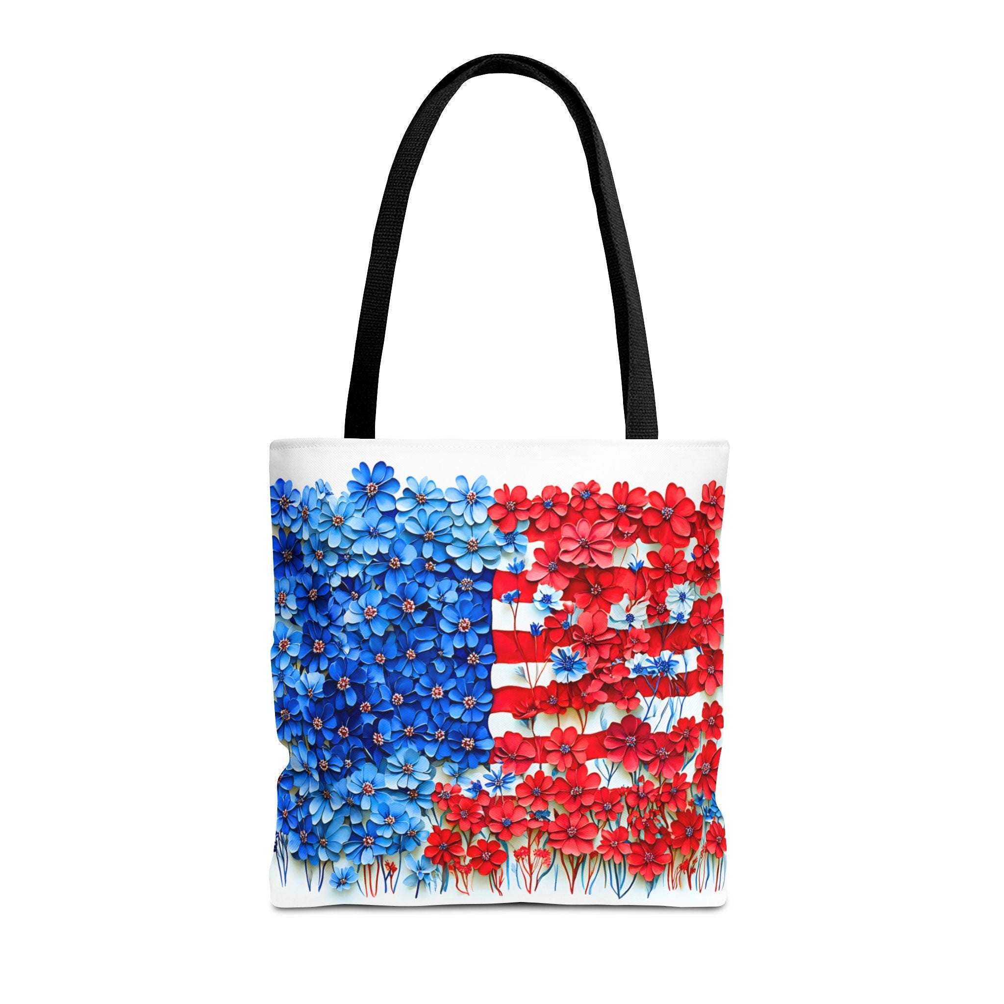 American Flag Floral Tote Bag Patriotic Wildflower Design 4th of July Gift